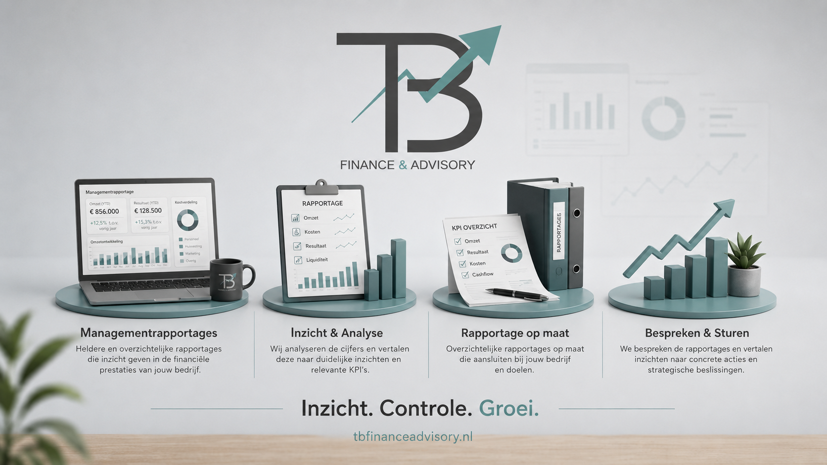 Illustratie met vier secties over financiën en advies, inclusief grafieken, rapporten, en zakelijke documenten, met tekst in het Nederlands die bedrijfsstrategieën en controle benadrukken.