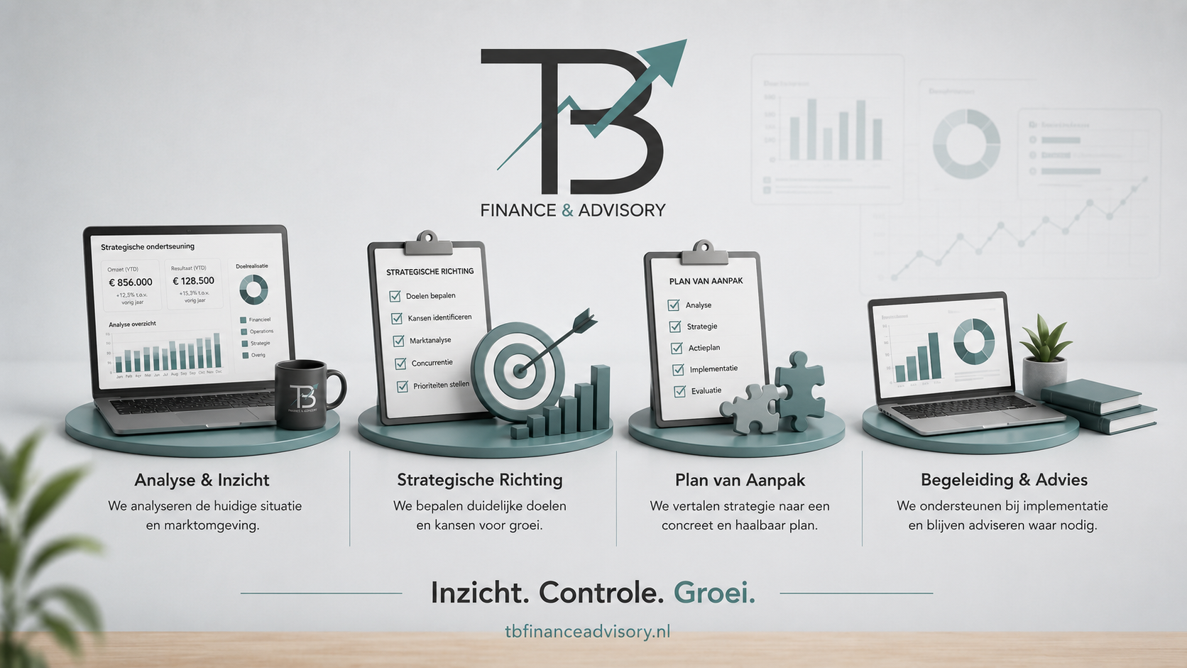 Infographic over financiële advisering en strategische planning, met laptops, notities en grafieken, weergegeven op een bureau.