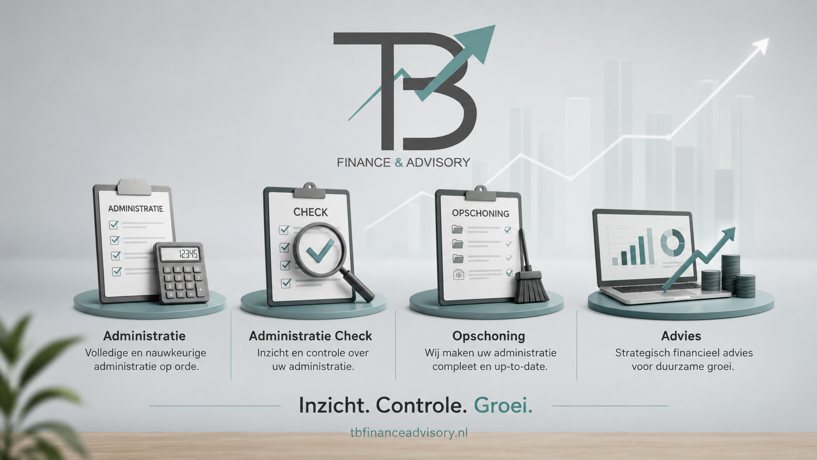 Infographic over financiën en advies met iconen van administraties, controle, opschoning en advies, inclusief grafieken en stijgende pijlen.