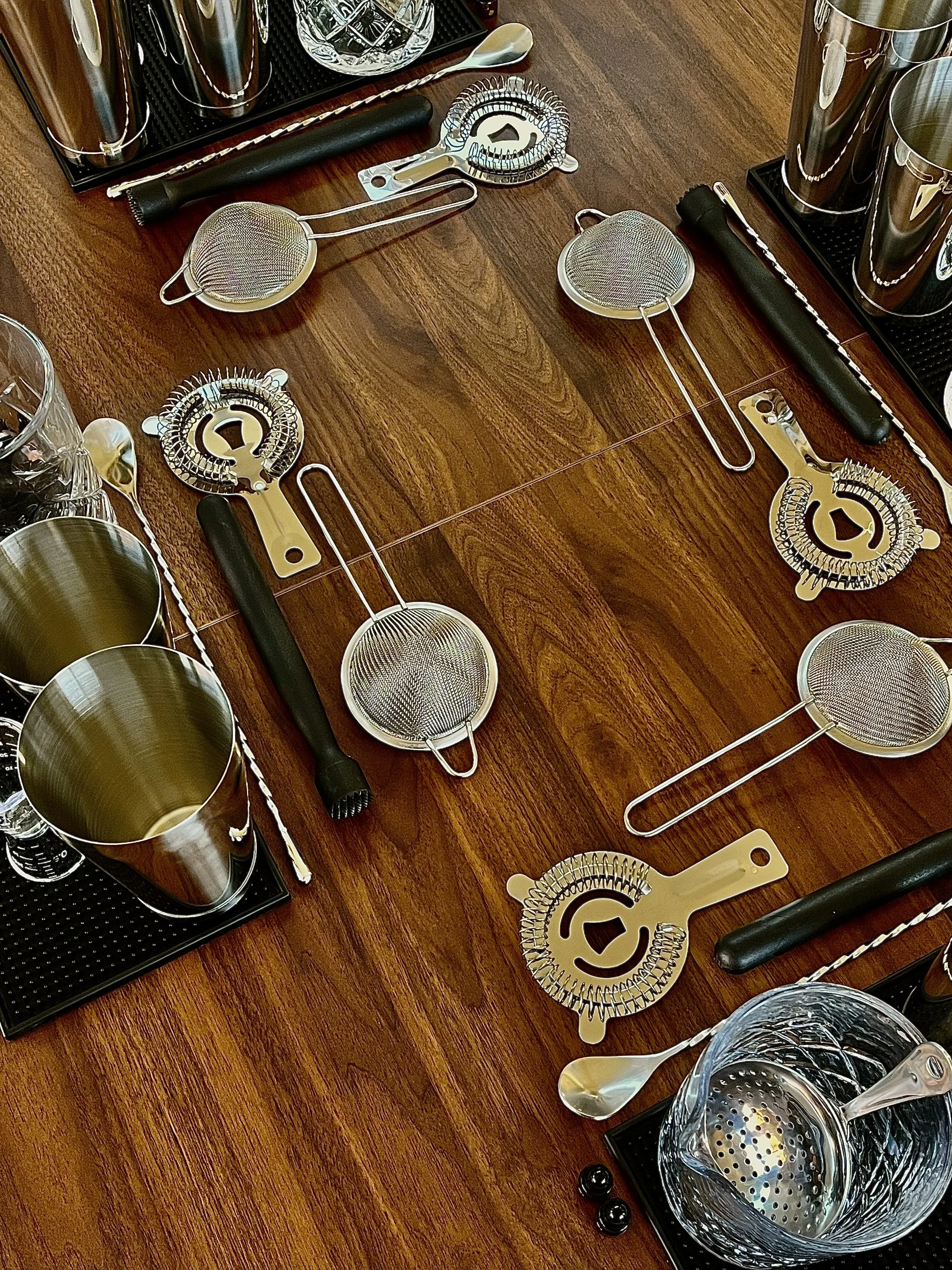 Bar tools used for cocktail classes and mocktail classes.