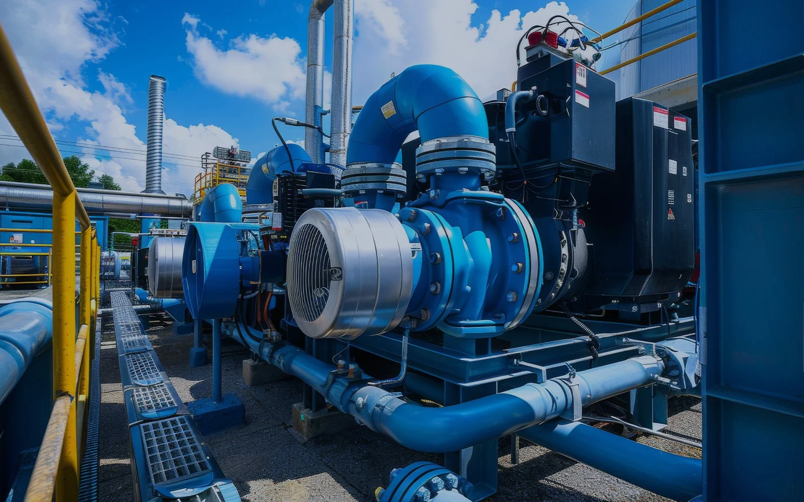 Centrifugal pump skid with connected piping inside an industrial process facility
