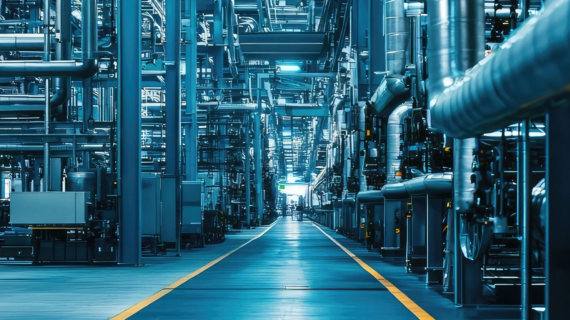 Industrial plant interior with piping and central production walkway