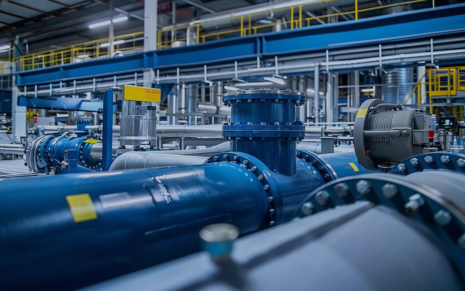 Industrial equipment used in manufacturing facility with blue pipe and flanged connections