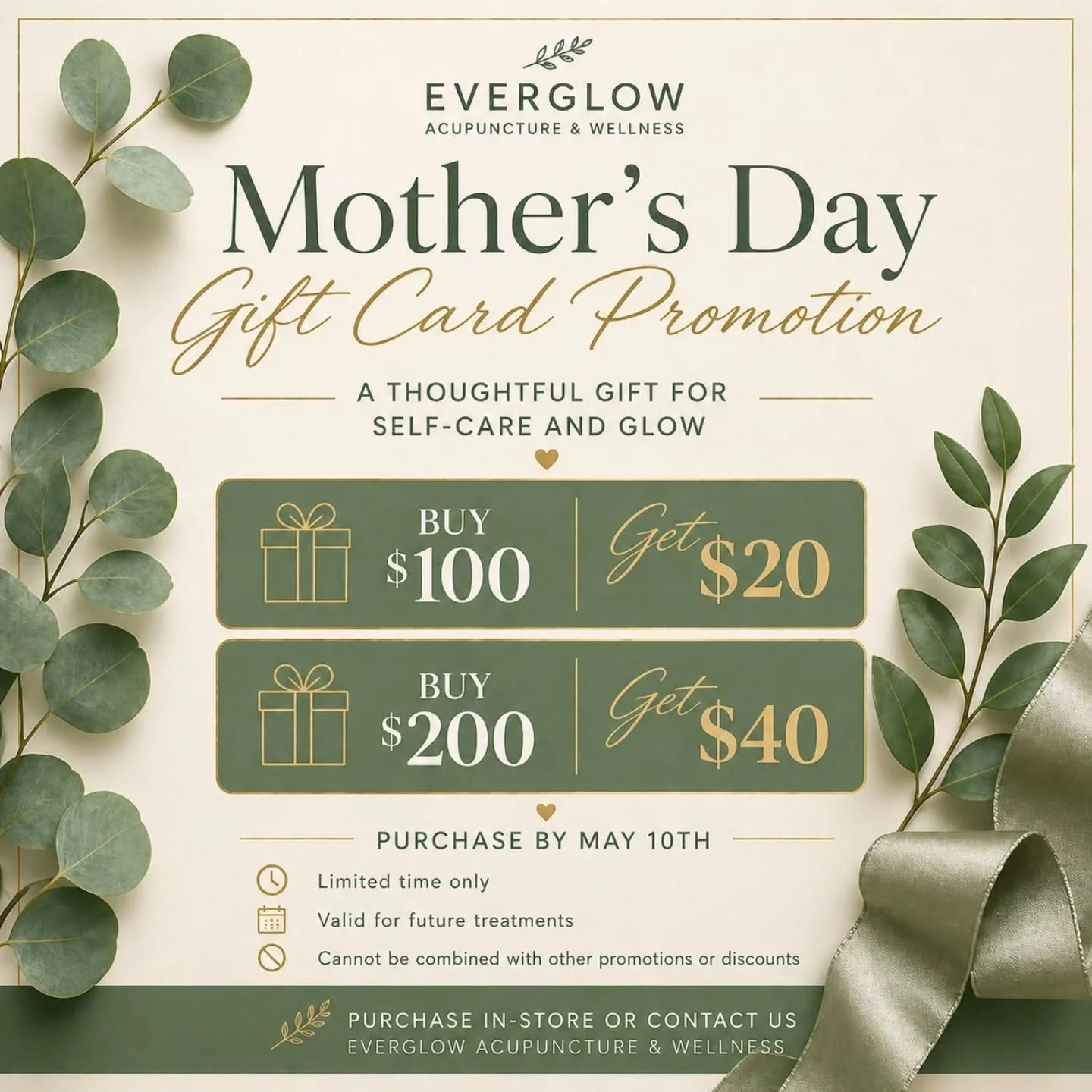 A perfect gift for Mother&rsquo;s Day ✨

For a limited time:
Buy a $100 gift card, receive $20
Buy a $200 gift card, receive $40

A simple way to share self-care and glow.

Limited time only 
Valid for future treatments 
Cannot be combined with other