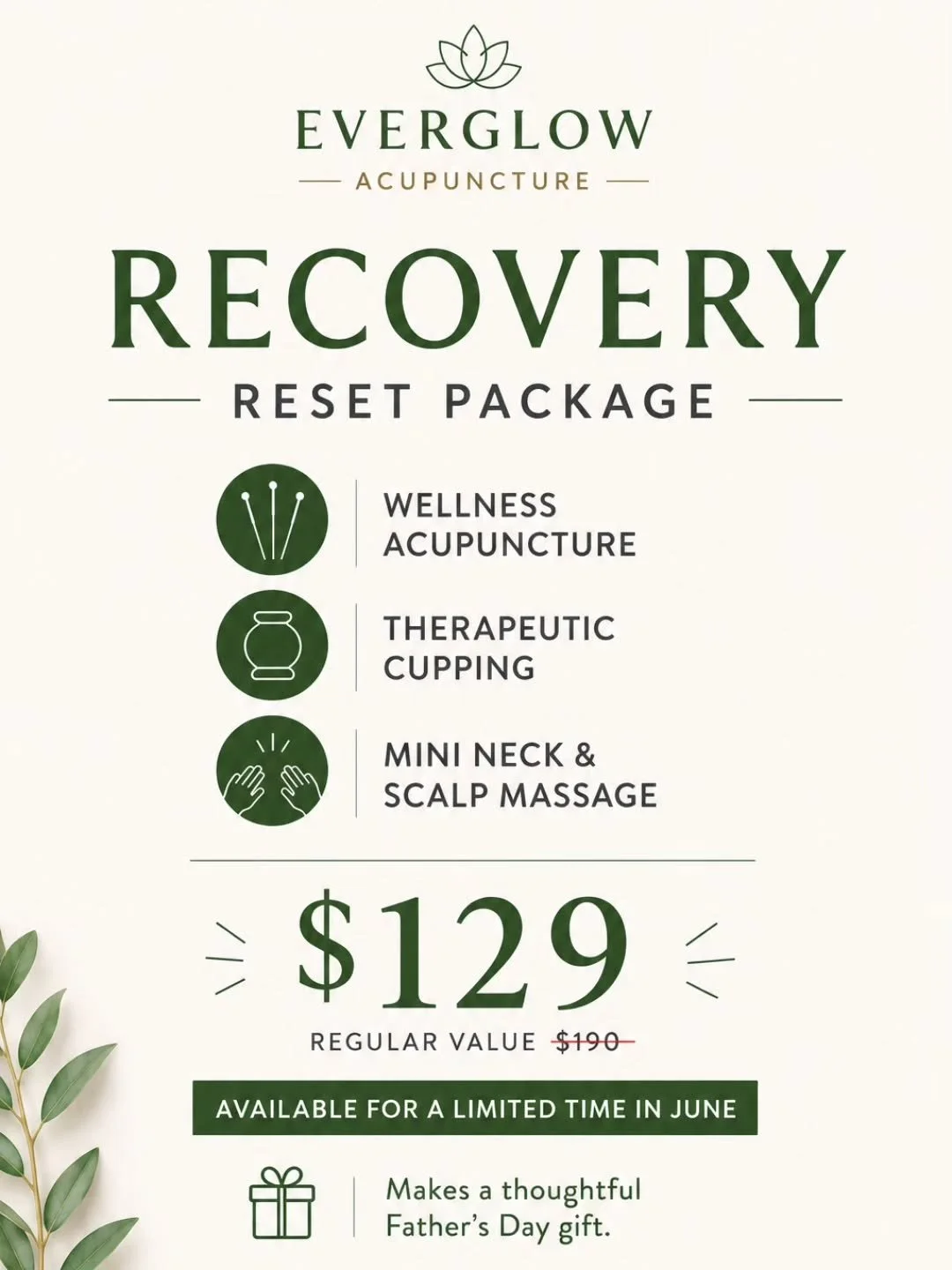 🎉June Special: Recovery Reset Package🎉

Recharge your body and mind with our Recovery Reset Package.

✨ Wellness Acupuncture
✨ Therapeutic Cupping
✨ Mini Neck &amp; Scalp Massage

Designed to help relieve tension, reduce stress, improve circulation