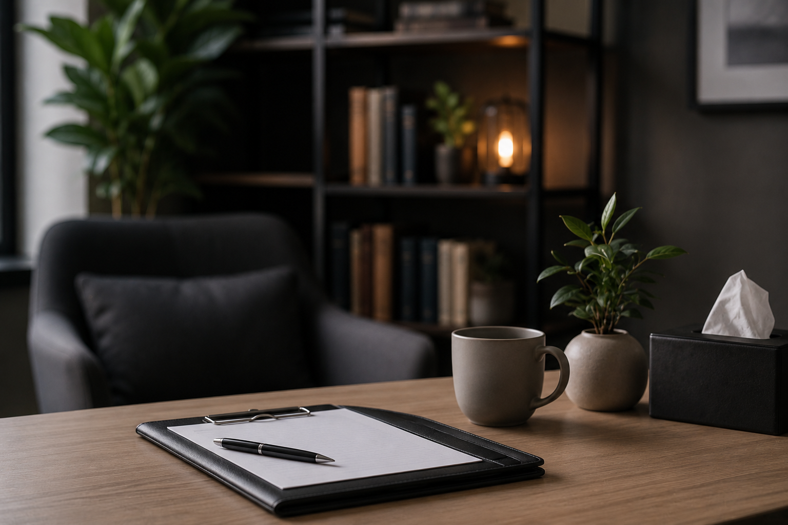 A wooden desk with a clipboard, a pen, a gray coffee mug, a small green plant in a beige pot, and a black tissue box with tissues. In the background, there is a black bookshelf with books, a lamp, and a large green plant, in a modern office setting.