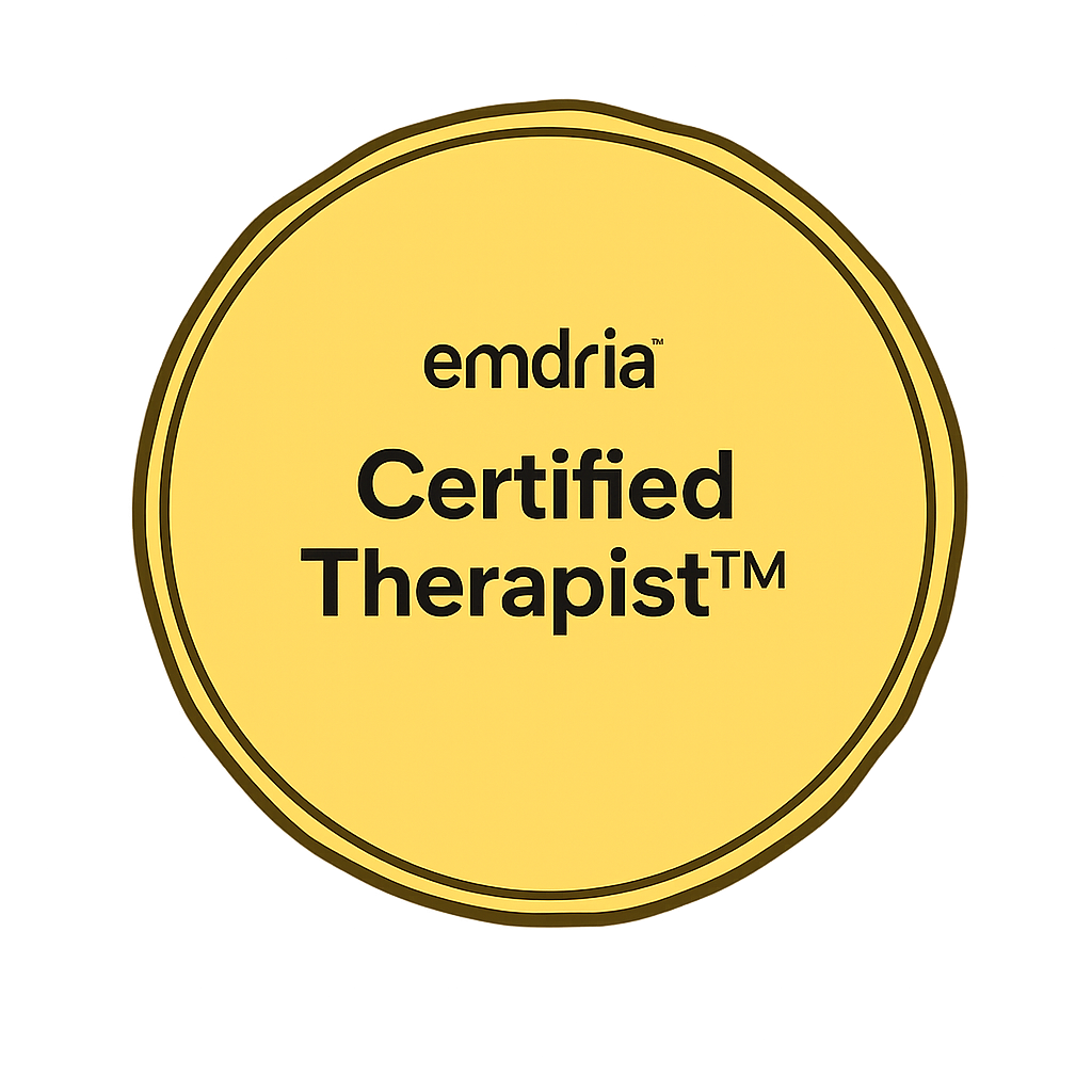 Gold badge with black border reads 'emdria Certified Therapist'.