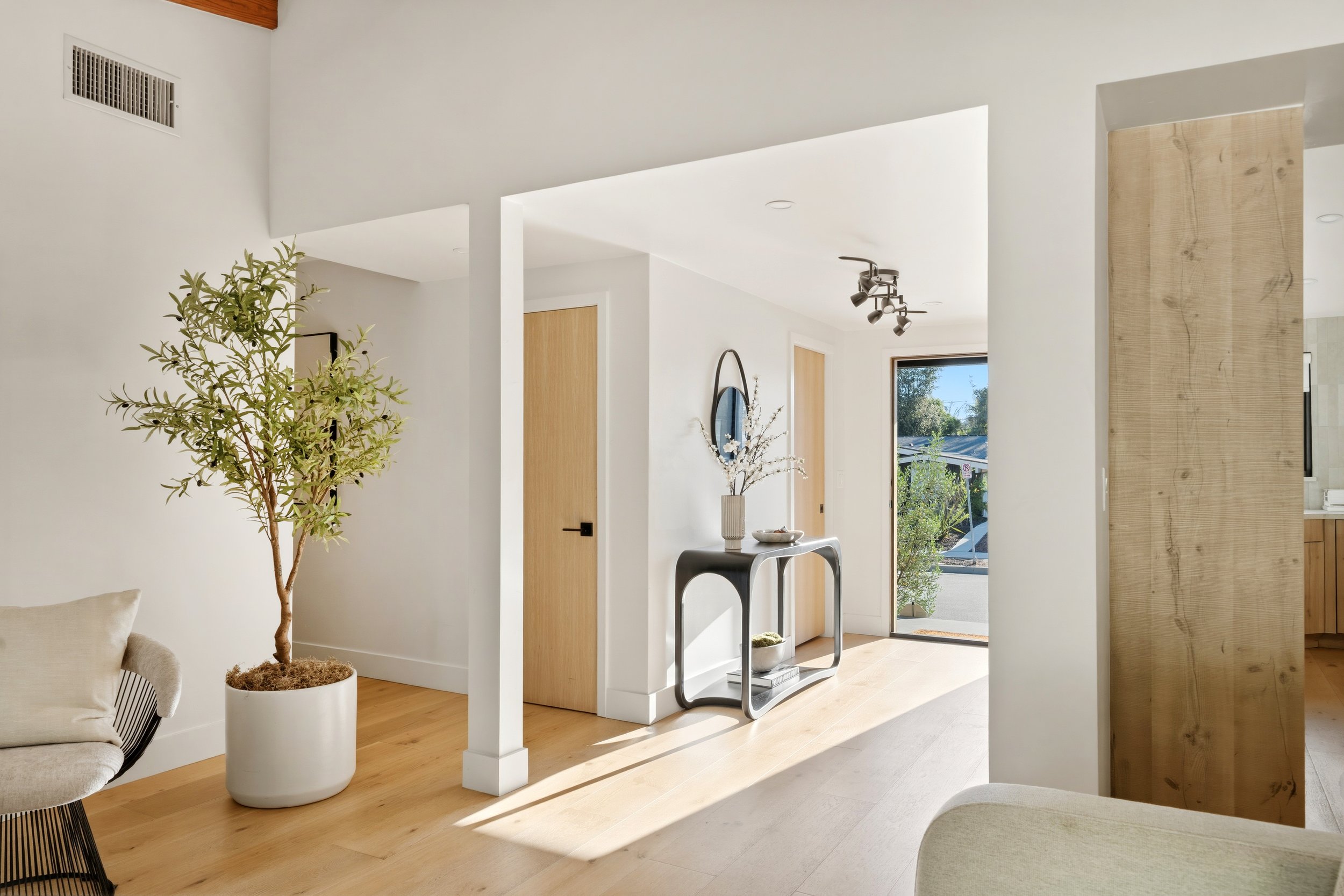 Modern minimalist interior with white walls, light wood flooring, a potted plant, a console table with decorative items, and a glass door leading outside.