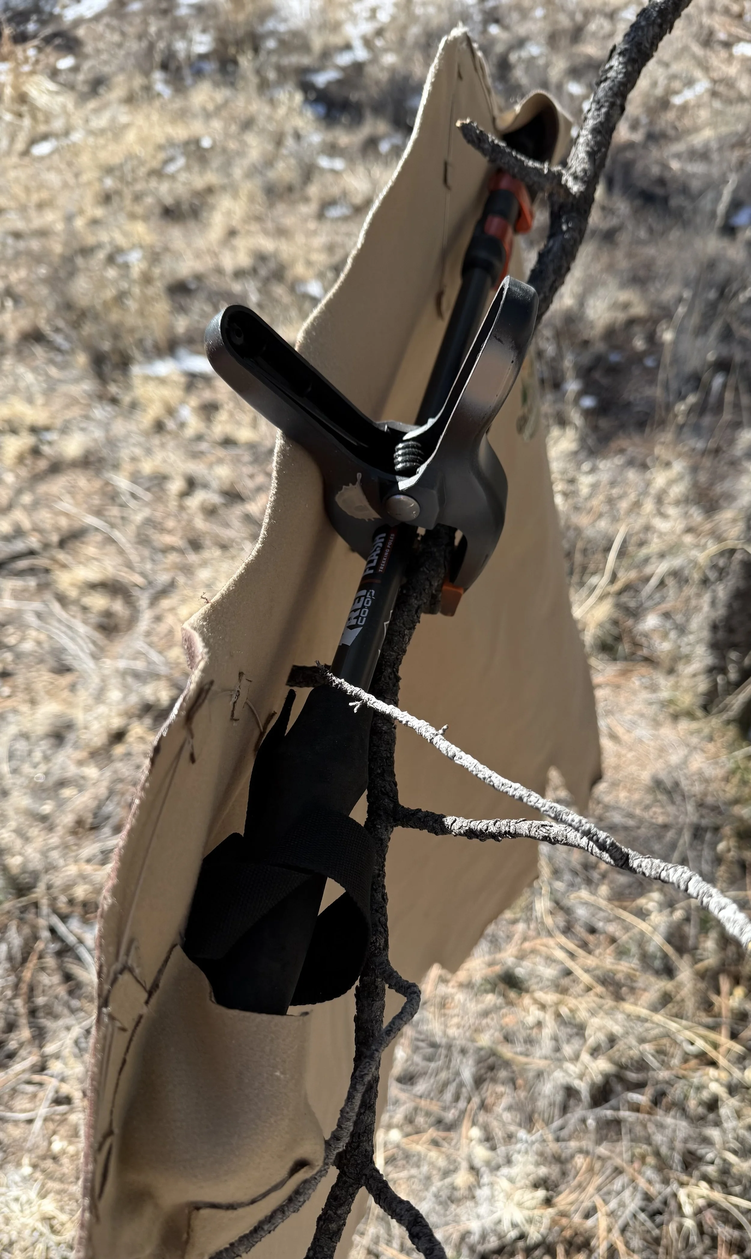 Attach trekking pole or stick to branch using spring clamp.