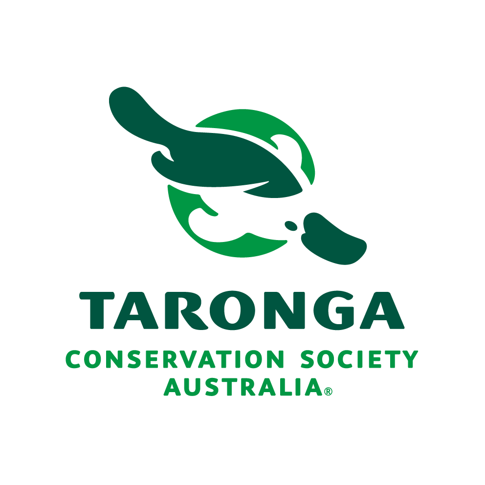 Logo of Taronga Conservation Society Australia featuring a stylized green and black platypus with the organization name in green text.