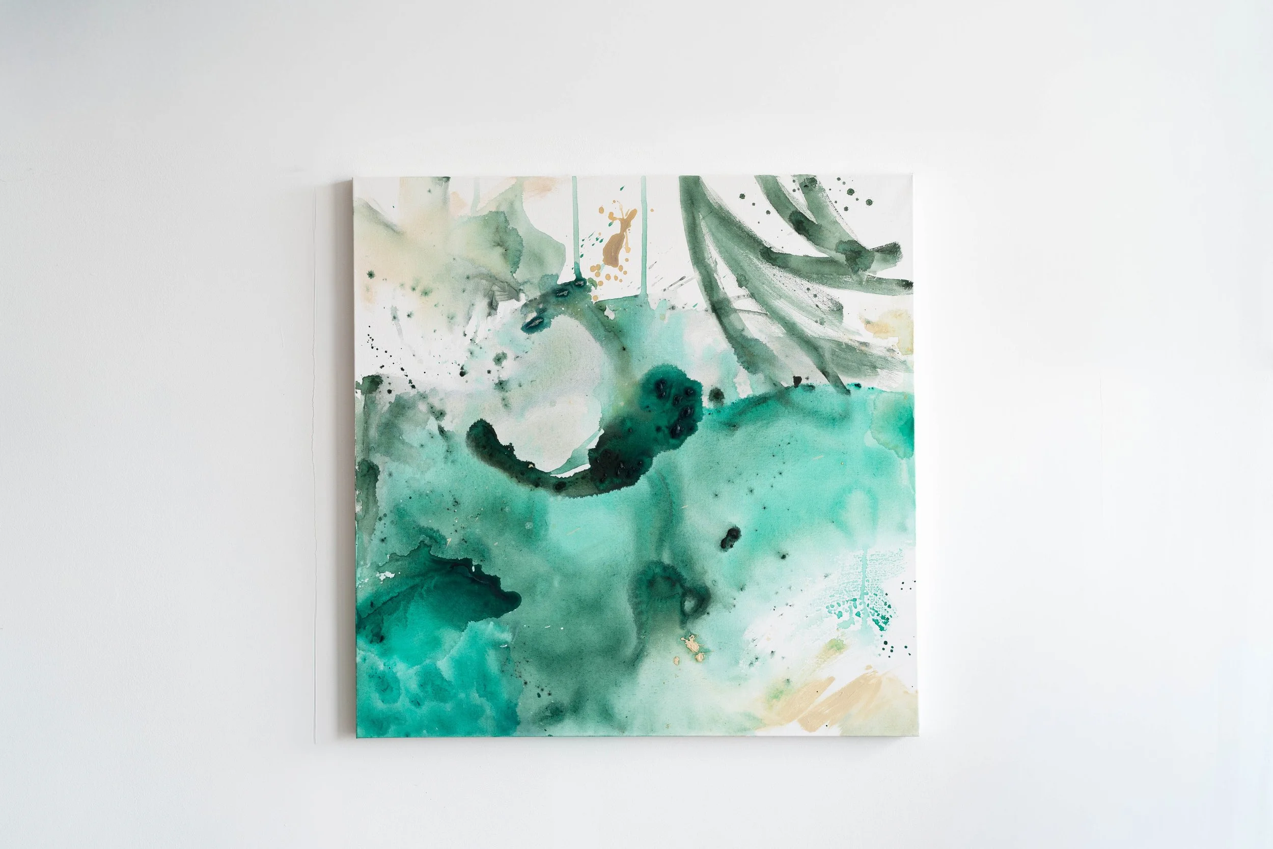 Abstract painting in green and teal tones inspired by water movement and natural forms by Georgia Stathopoulos further back