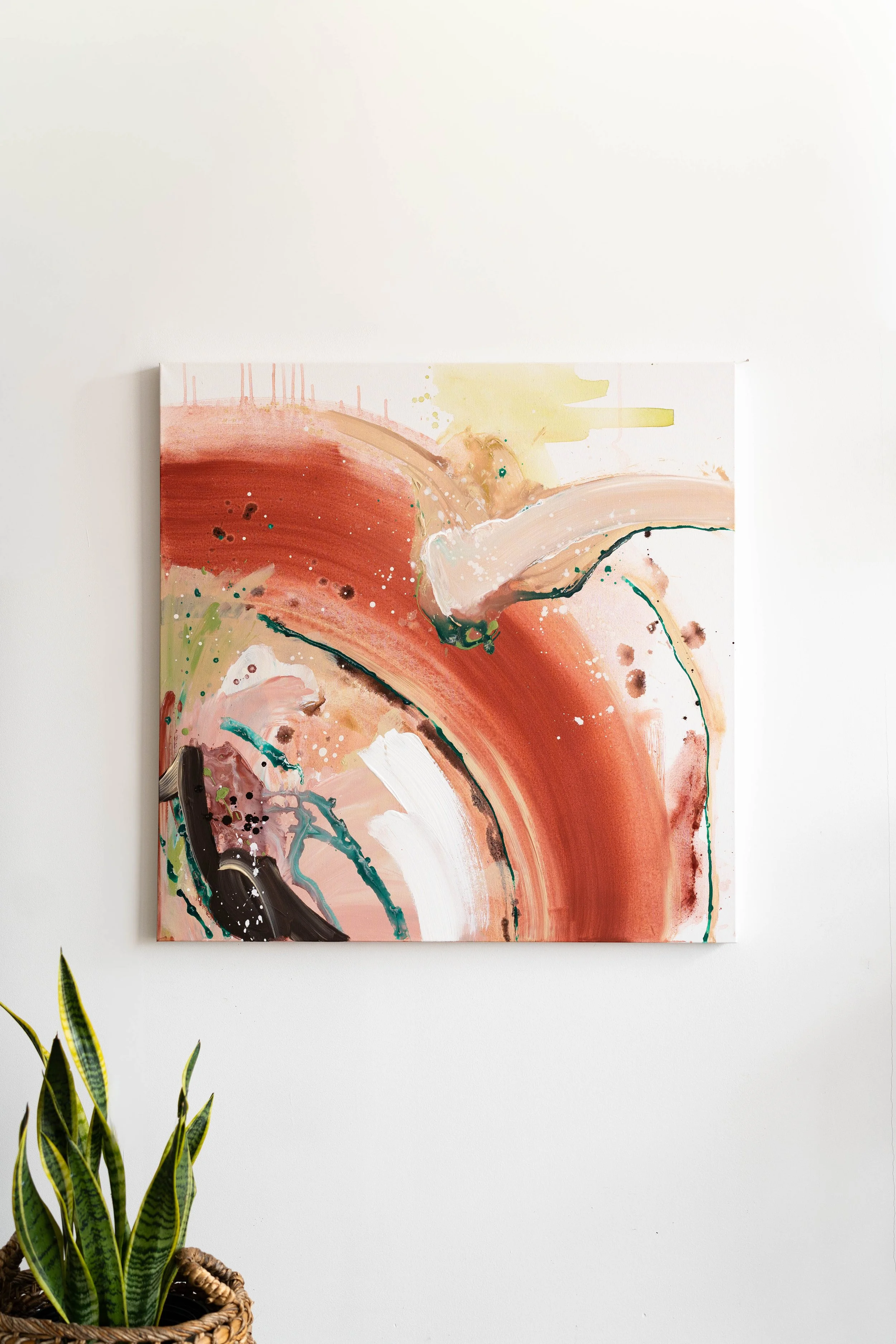 Abstract painting in warm clay and peach tones with organic sweeping forms by Georgia Stathopoulos