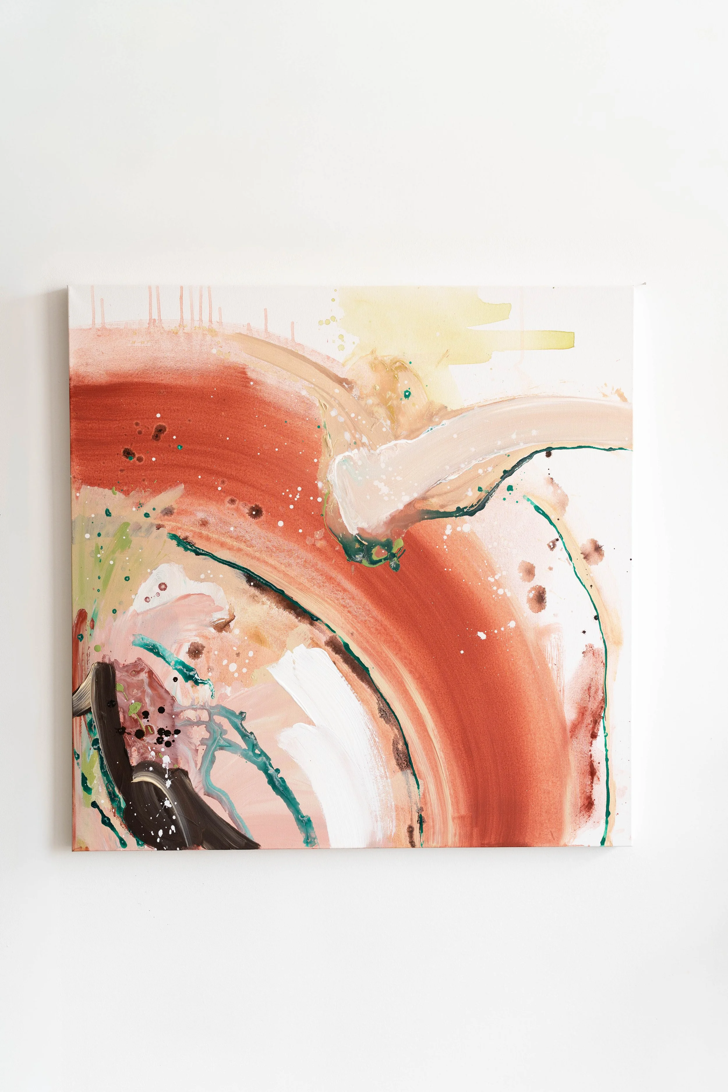 Abstract painting on canvas in warm clay and peach tones with organic sweeping forms by Georgia Stathopoulos