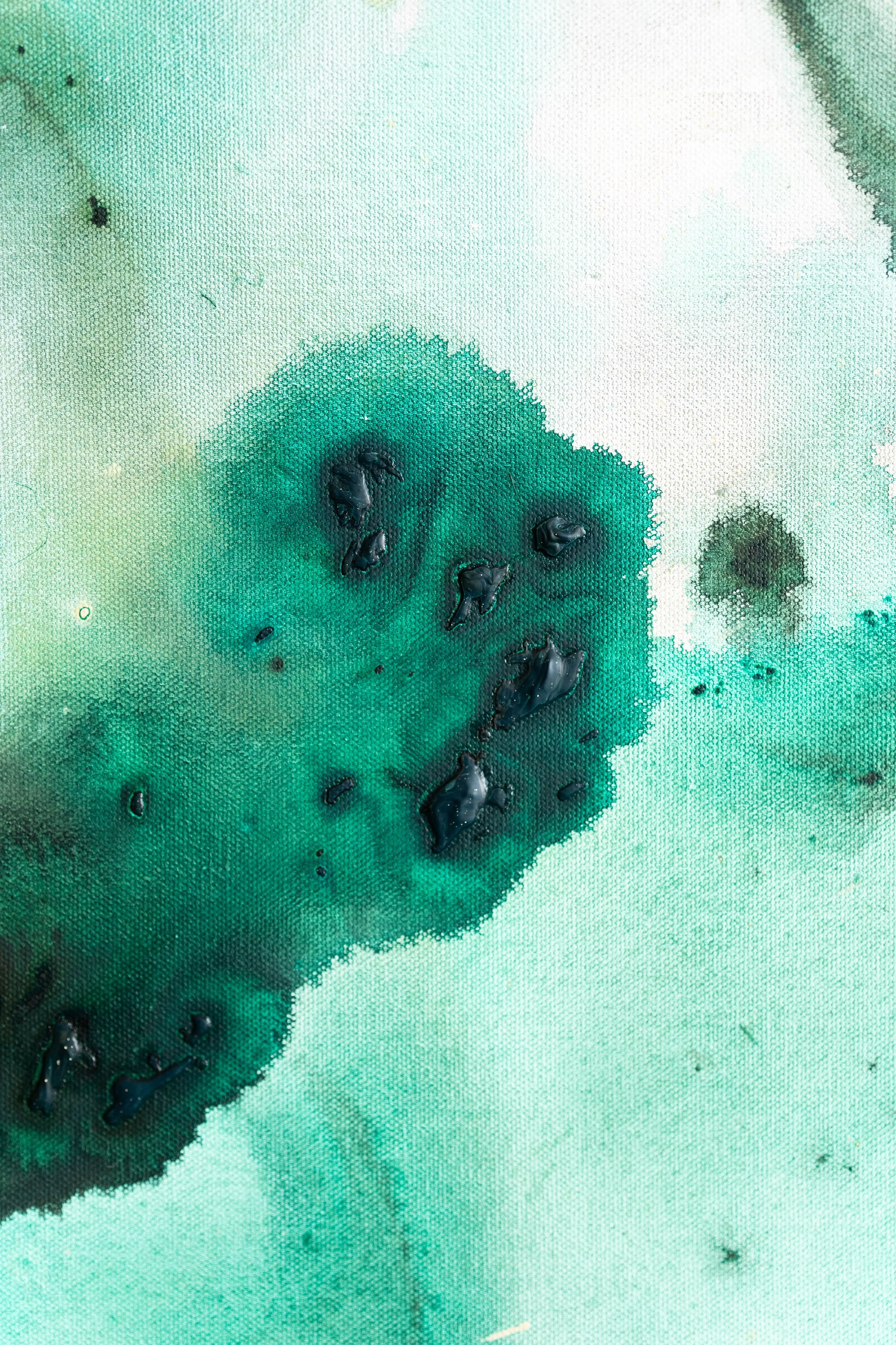Abstract painting in green and teal tones inspired by water movement and natural forms by Georgia Stathopoulos close up green