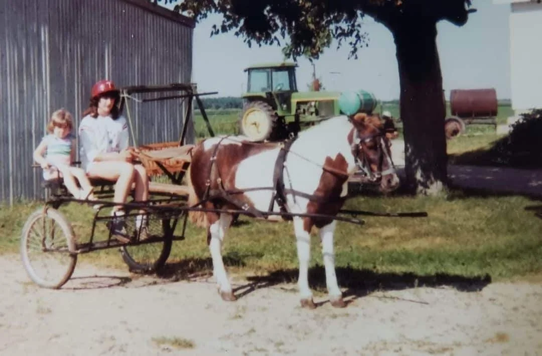 Shelly & Terri with their pony Sunshine on the farm in the early 80s