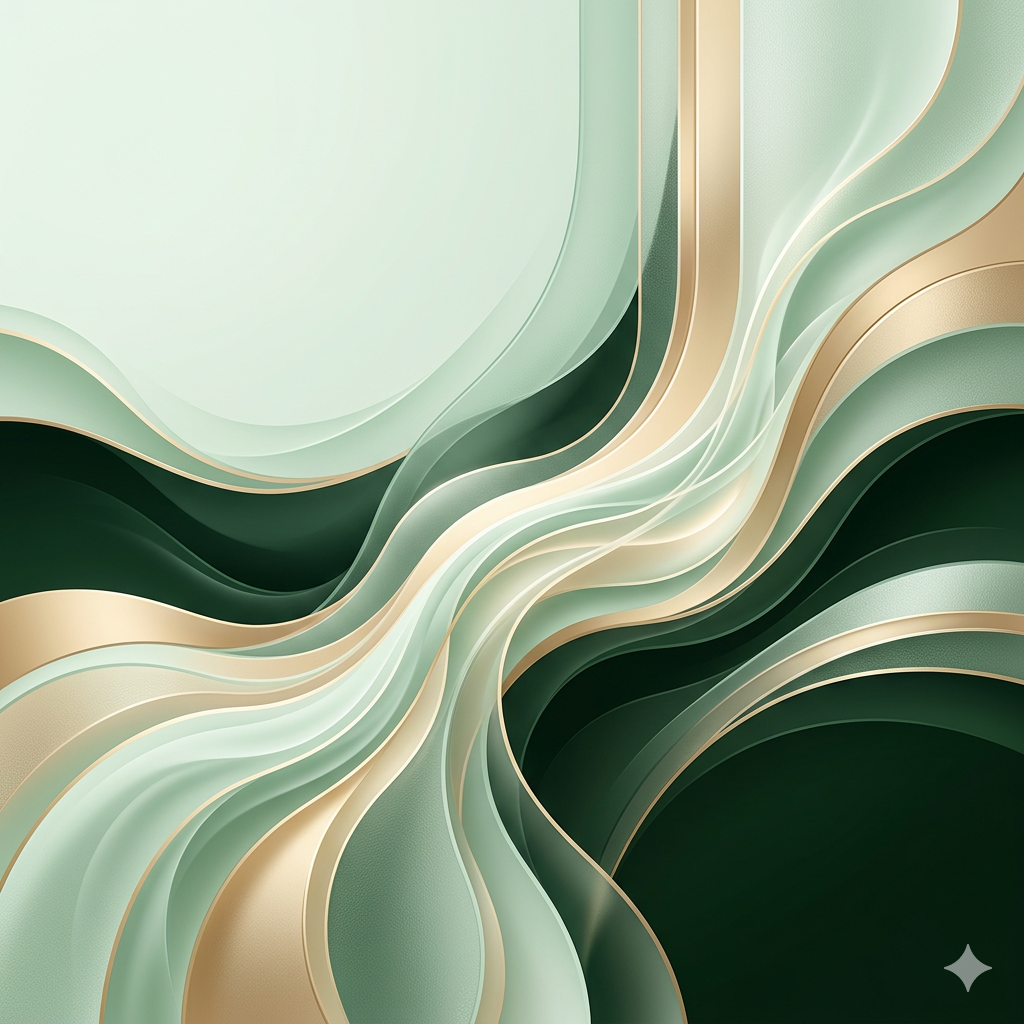 Abstract digital artwork with flowing lines and curves in shades of green, beige, and gold.