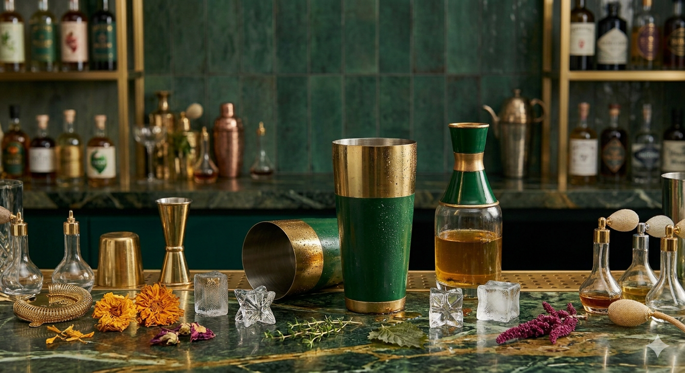 A luxury emerald green and gold zero-proof bar setup by Dry Mixology Arabia, featuring premium non-alcoholic spirits, botanical garnishes, and professional cocktail shakers for events in Dubai.