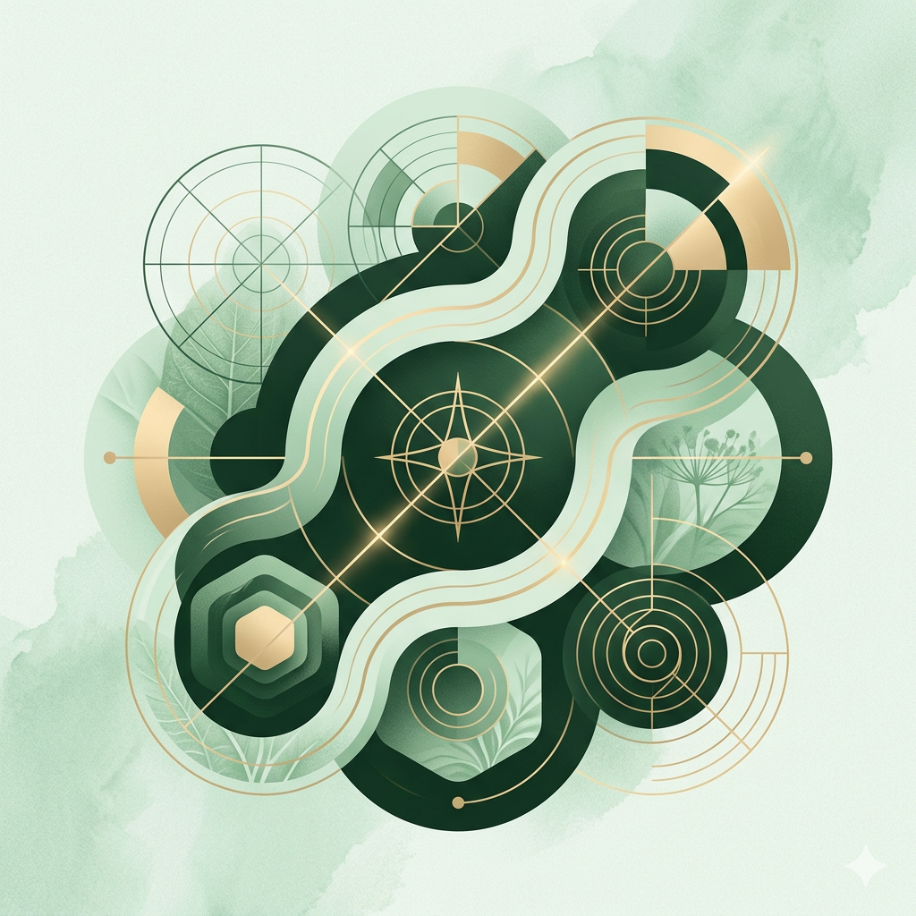Abstract digital art with circular and curving lines, radar-like designs, and nature elements like leaves and plants in shades of green and gold.