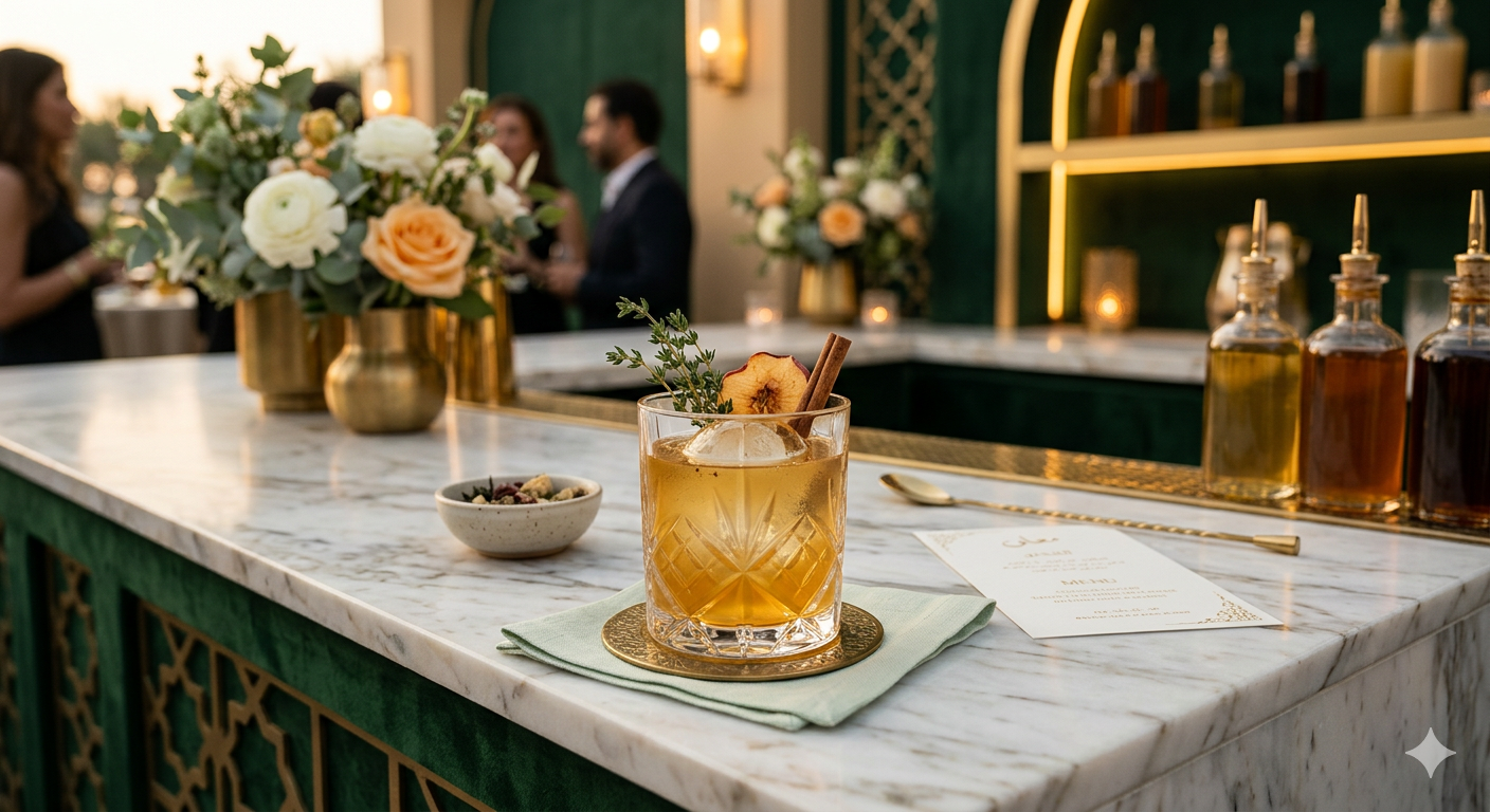 The Sand-Gold Spiced Refresher by Dry Mixology Arabia, a premium non-alcoholic cocktail with warm spice notes and gold-toned botanical garnishes for luxury events in Dubai and Saudi Arabia.