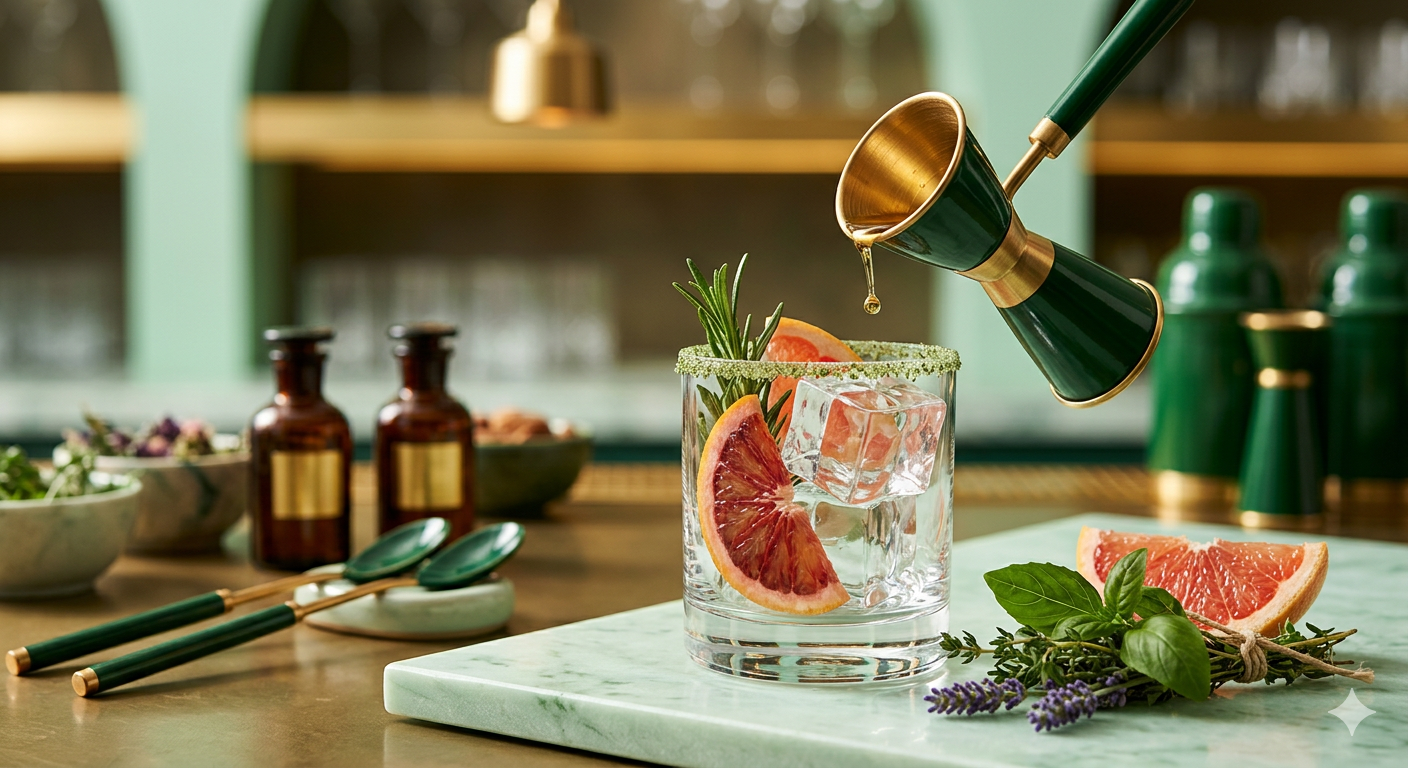 Close-up of a luxury zero-proof cocktail being prepared with a gold jigger, blood orange, and fresh rosemary by Dry Mixology Arabia for a premium event in the UAE.