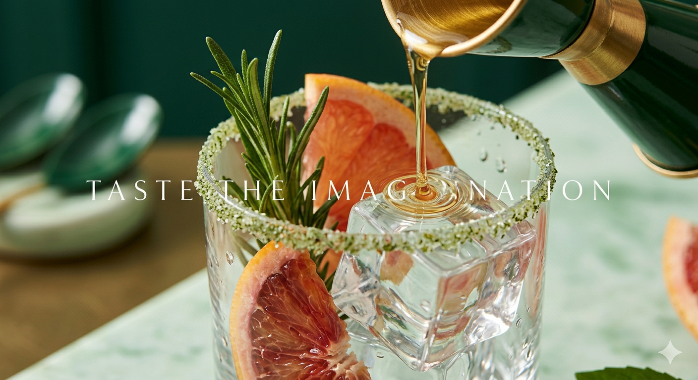 Close-up of a premium zero-proof cocktail being poured into a salt-rimmed glass with rosemary and grapefruit, representing Dry Mixology Arabia’s luxury event catering in the UAE.