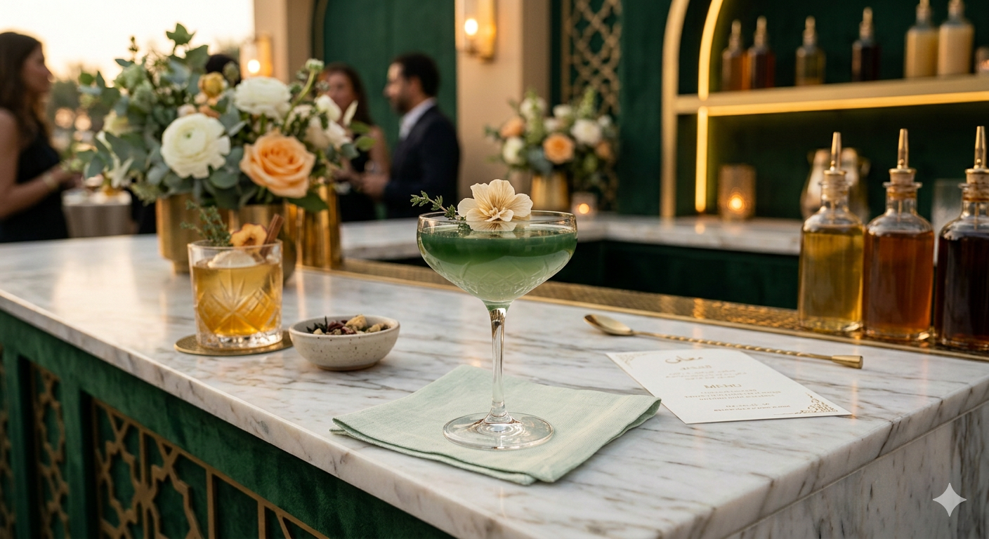 The Dry Mixology Arabia Green Signature Mocktail, a luxury zero-proof botanical drink featuring fresh mint and citrus, served at a premium event bar in Dubai.