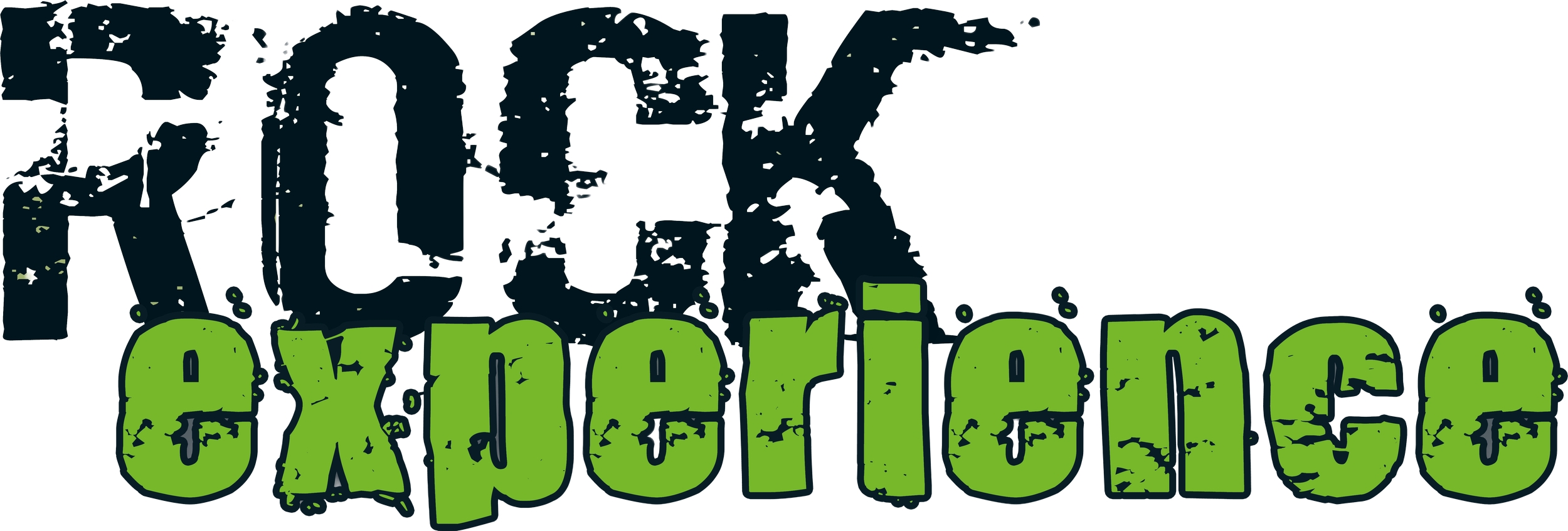 Der Schriftzug „experience“ in großen, grünen, abgenutzten Buchstaben mit schwarzem Umriss vor einem schwarzen Hintergrund. Über dem Text ist ein stilisiertes Logo mit der Aufschrift „ROCK“ in dunklen, groben Buchstaben.