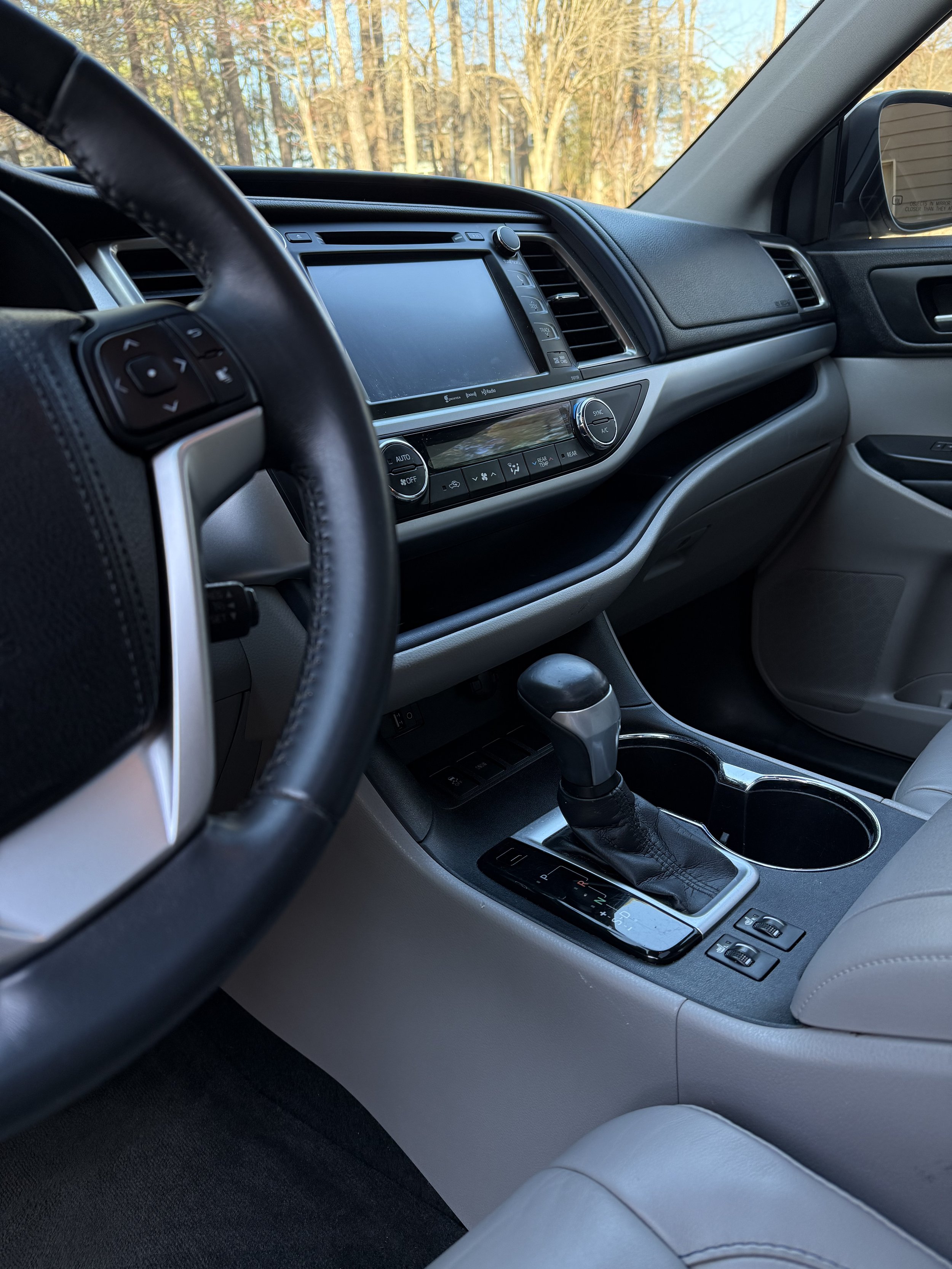 Interior of a modern car showing dashboard, steering wheel, gear shifter, center console, and an outdoor view through the windshield with trees.