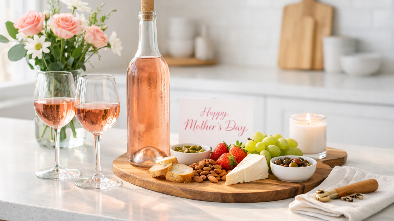 A bright, minimal Mother’s Day wine setup with rosé, glasses, and light food on a modern kitchen counter