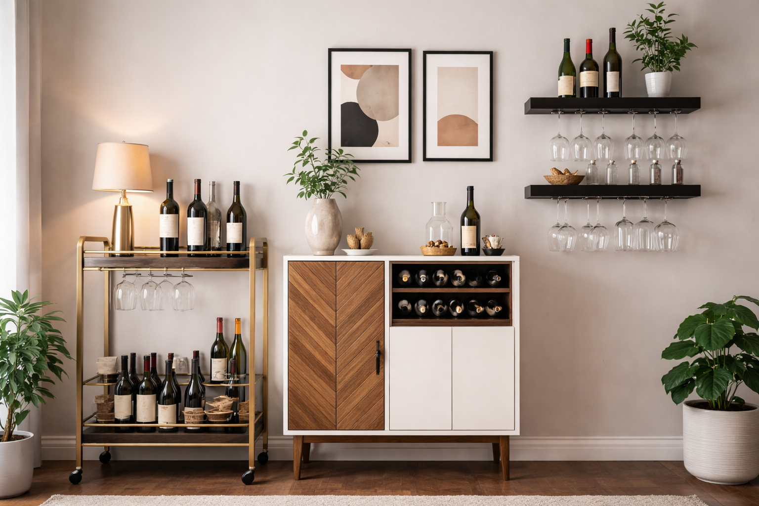 Modern home wine bar setup with a bar cart, wine cabinet, floating shelves, and wine glasses styled in a minimalist interior