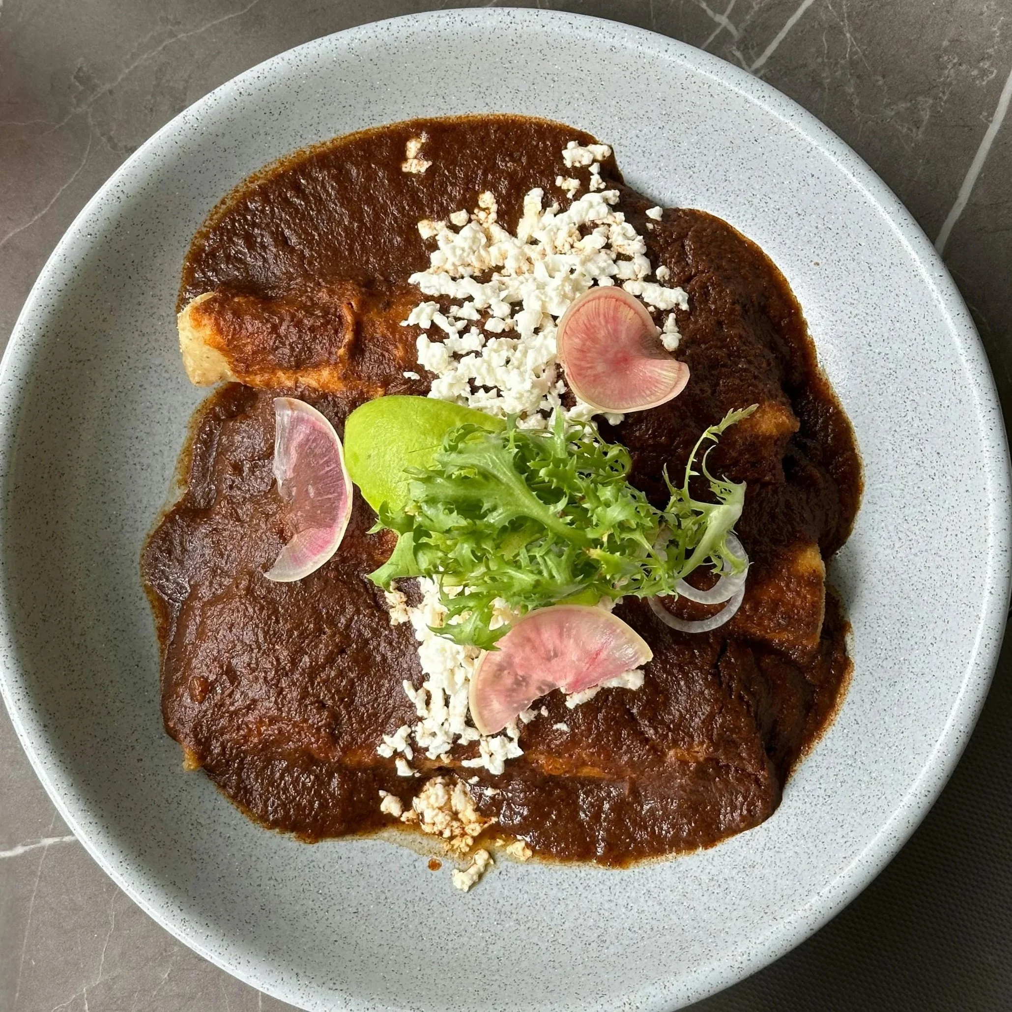 A plate of mole con pollo with fresh greens and cheese garnish