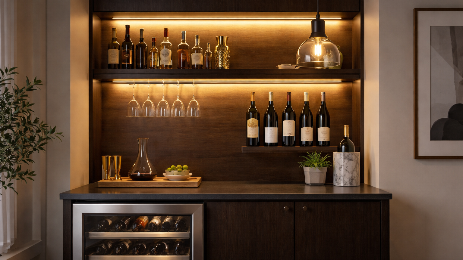 Modern home wine bar with warm LED lighting, built-in wine fridge, floating shelves, and pendant light creating a clean, contemporary setup.