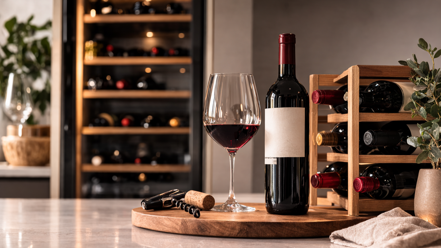 Wine bottles stored on a small wooden wine rack on a modern kitchen counter with a glass of red wine and corkscrew, illustrating wine storage at home.