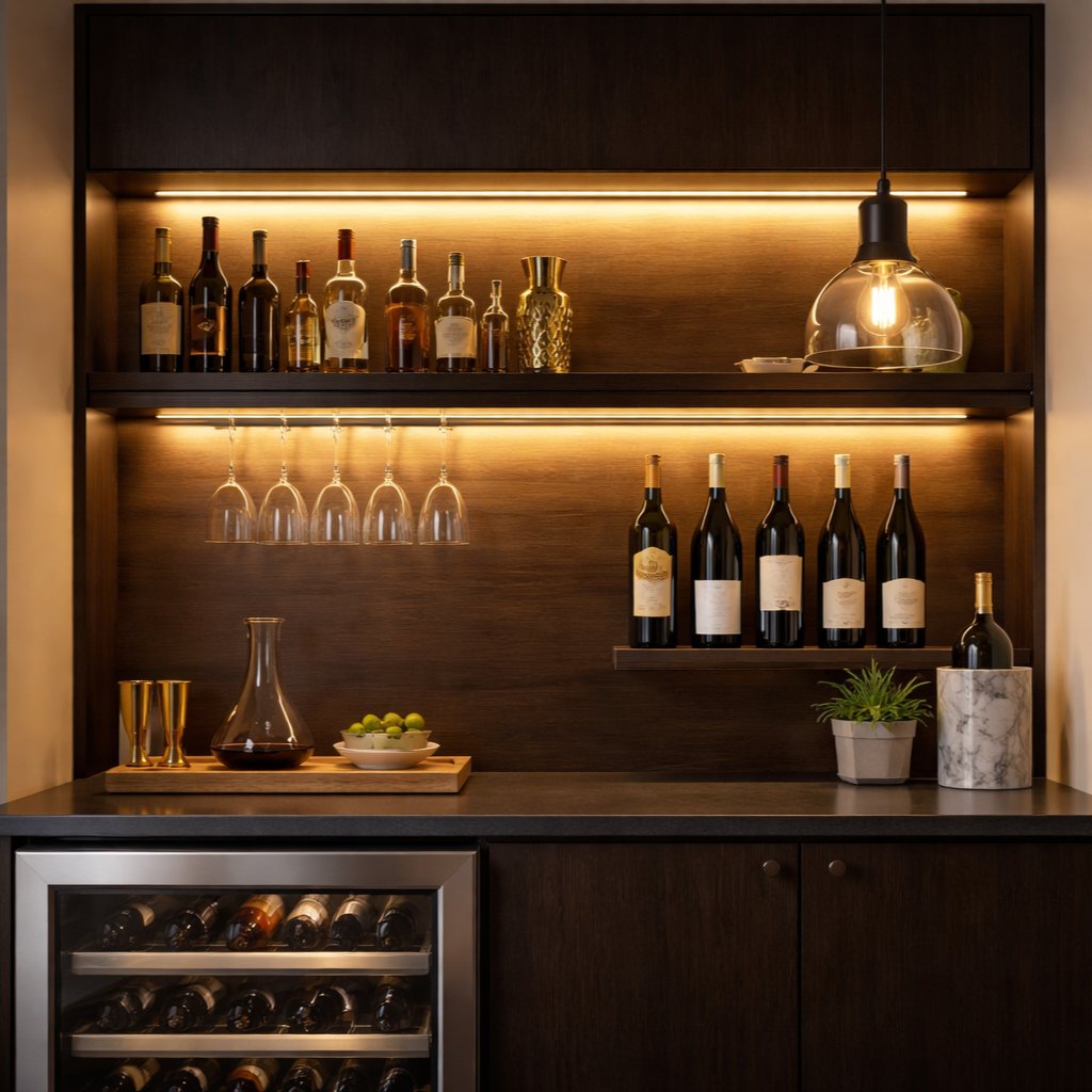 Wine bar set up with under shelf lighting and amodern accent pendant lamp