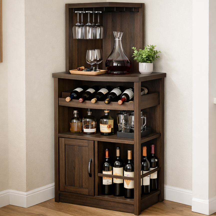 Compact, corner bar setup with bottle and glass storage.