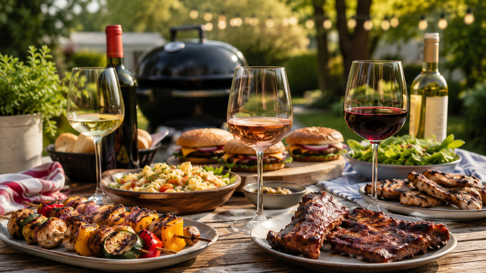 Outdoor rustic dining table with various BBQ dishes and several wine glasses with a BBQ in the background