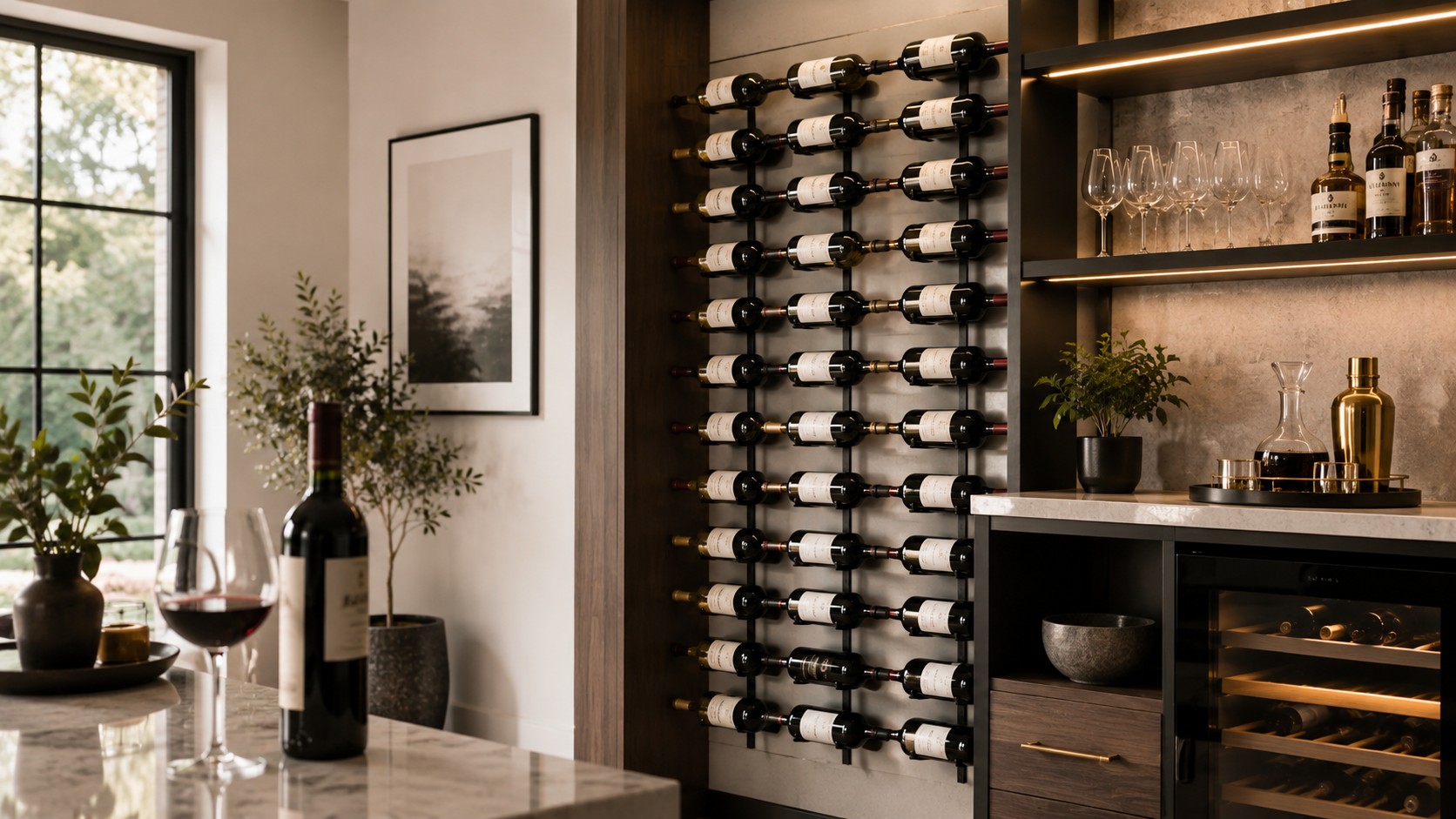 Modern minimalist home wine wall featuring label-forward wine storage integrated into dark cabinetry beside a built-in wine fridge, with soft natural light, marble countertops, matte black accents, and an elegant contemporary entertaining space.