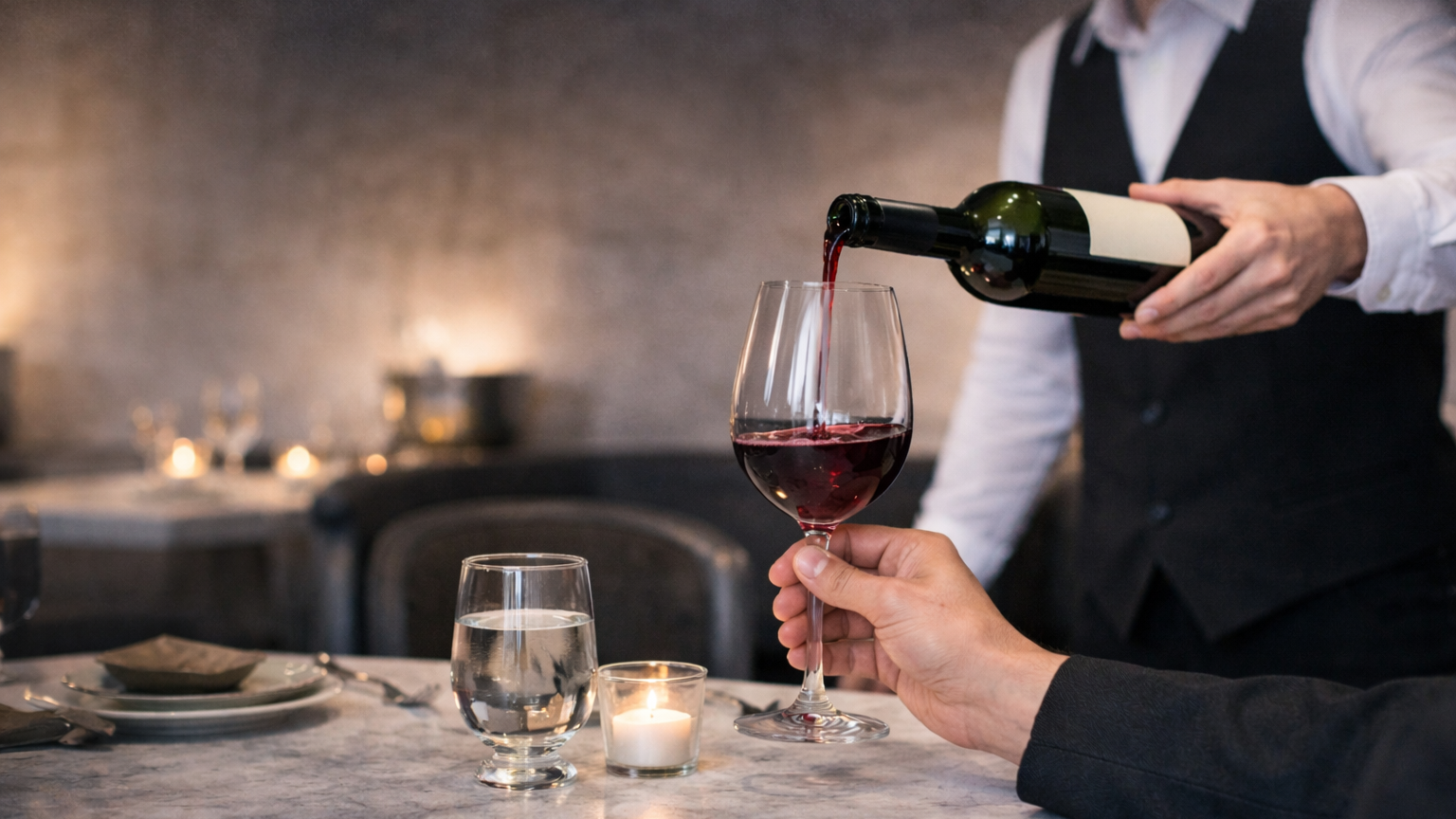 Server pouring wine into a glass at a softly lit restaurant table with marble surface, candlelight, and elegant place setting, creating a warm, intimate wine service moment.