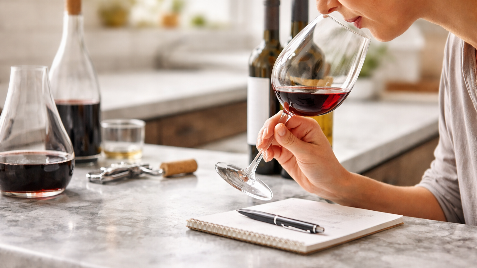 Close up image of someone smelling a glass of wine while evaluating aroma. Used in a guide explaining how to detect common wine faults like cork taint, oxidation, and reduction.