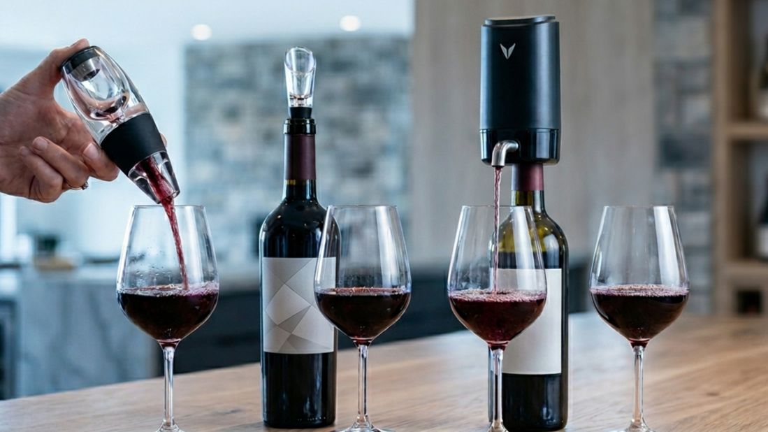 Modern comparison of wine aerators, including a pour-through aerator and an electric wine dispenser, shown pouring red wine into glasses on a contemporary bar top.