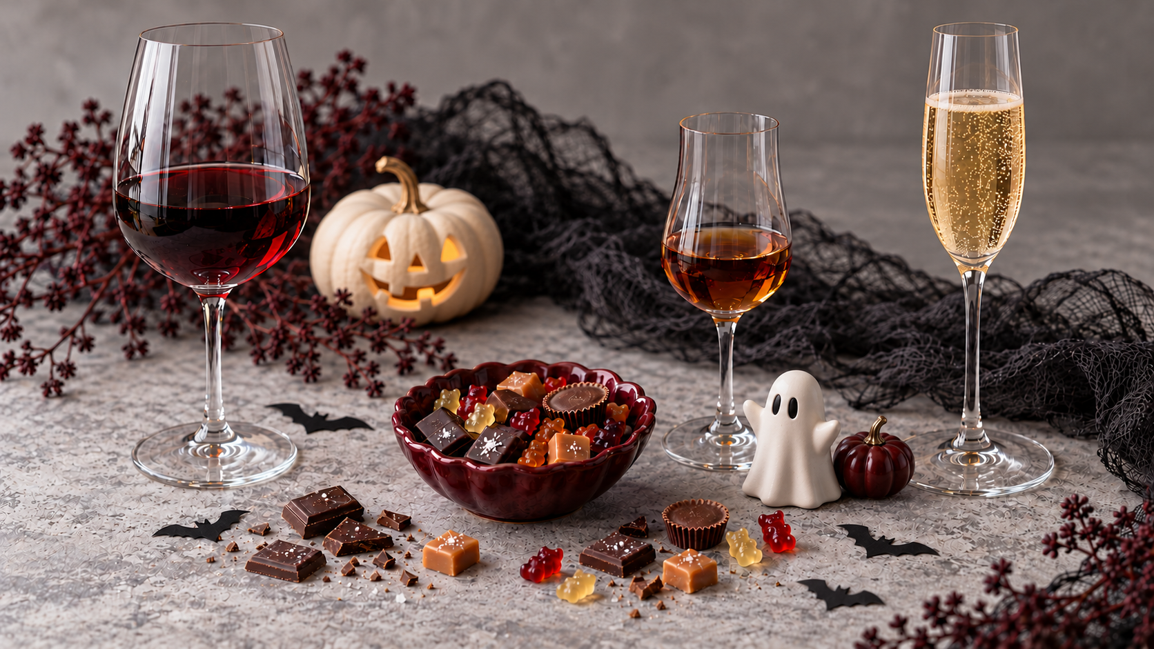 Red, amber, and sparkling wines beside a burgundy bowl of Halloween candy, a glowing white jack-o’-lantern, a little ghost, and black paper bats.