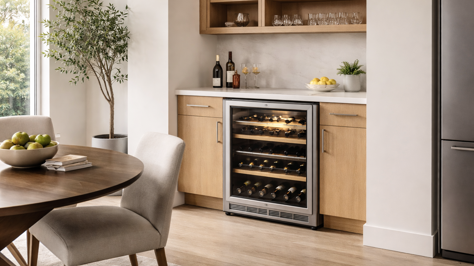 wine refrigerator installed in modern home bar with light wood cabinetry and open shelving.