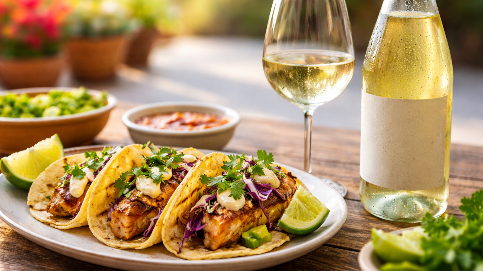 Fish tacos with fresh garnishes served alongside a glass of white wine in a modern kitchen setting, illustrating wine pairing with Mexican food