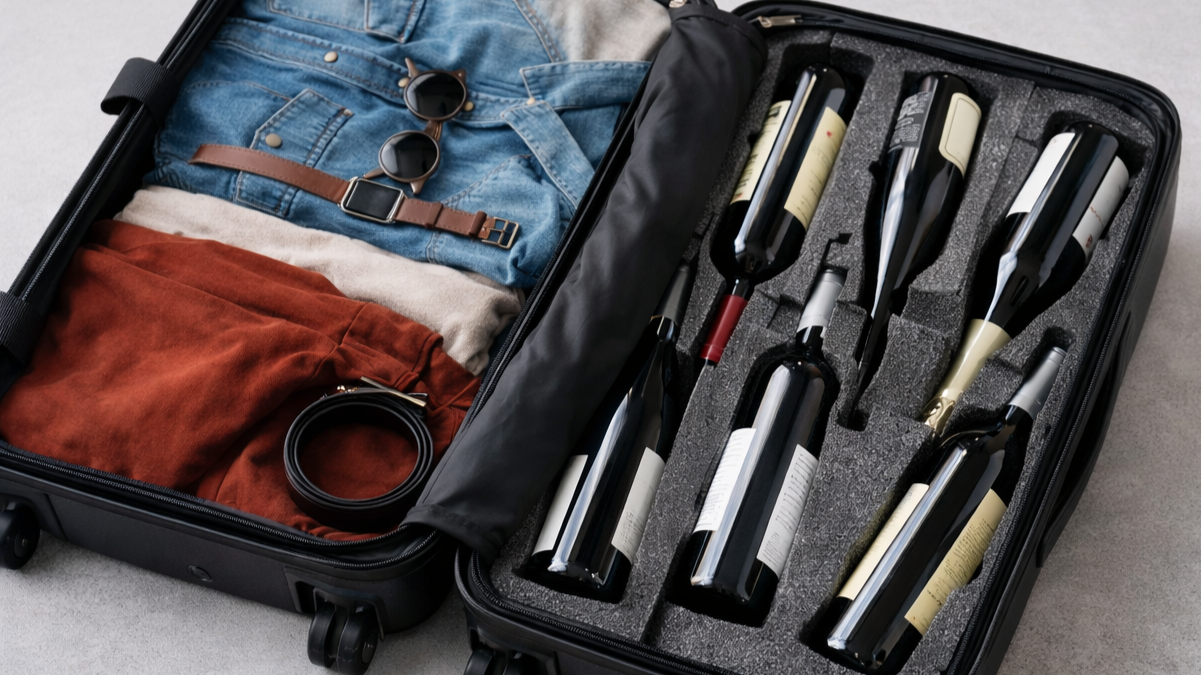 Open black hard-shell suitcase on a floor, neatly packed with folded clothes and 6 wine bottles in foam inserts, set against a clean, minimal bedroom background.