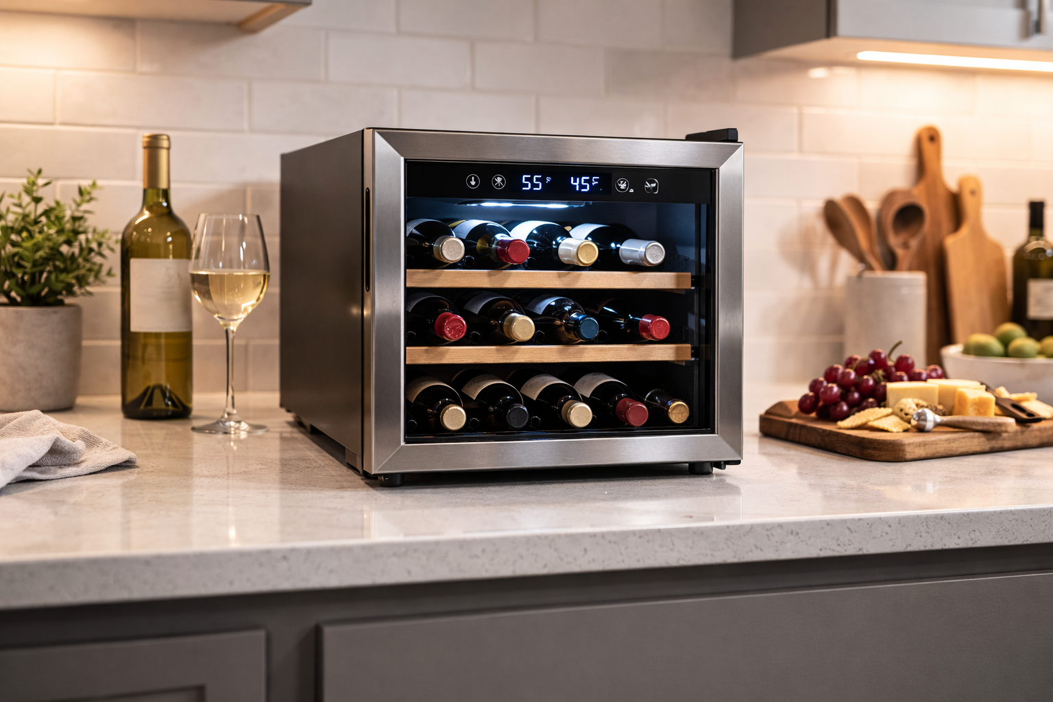Compact countertop wine fridge under $500 displayed on a modern kitchen counter with wine bottles inside and soft ambient lighting