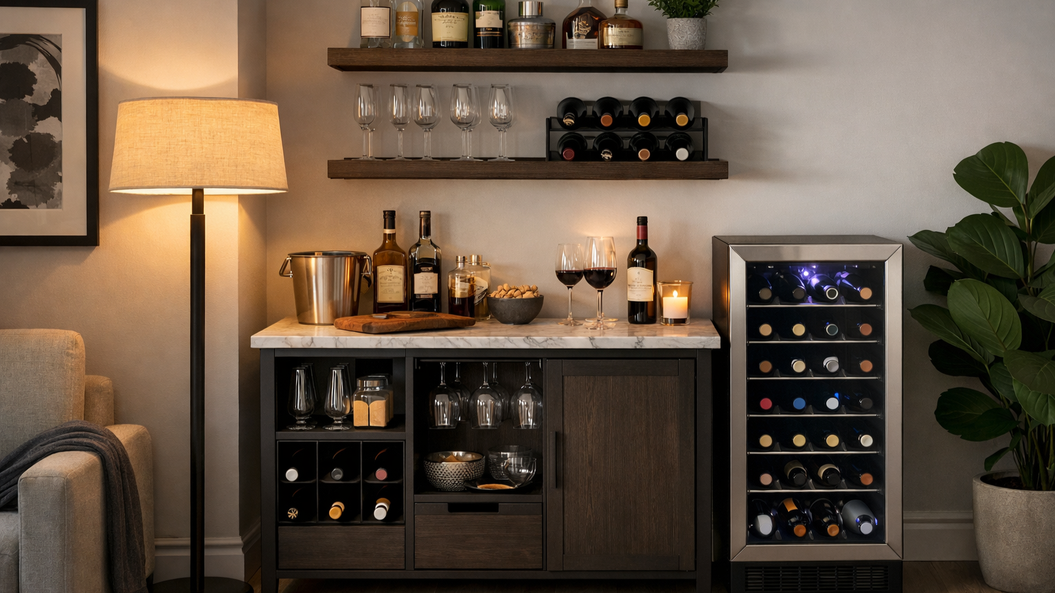 Modern home wine bar with floating shelves, wine bottles, glassware, and a small countertop setup in a clean, minimalist kitchen
