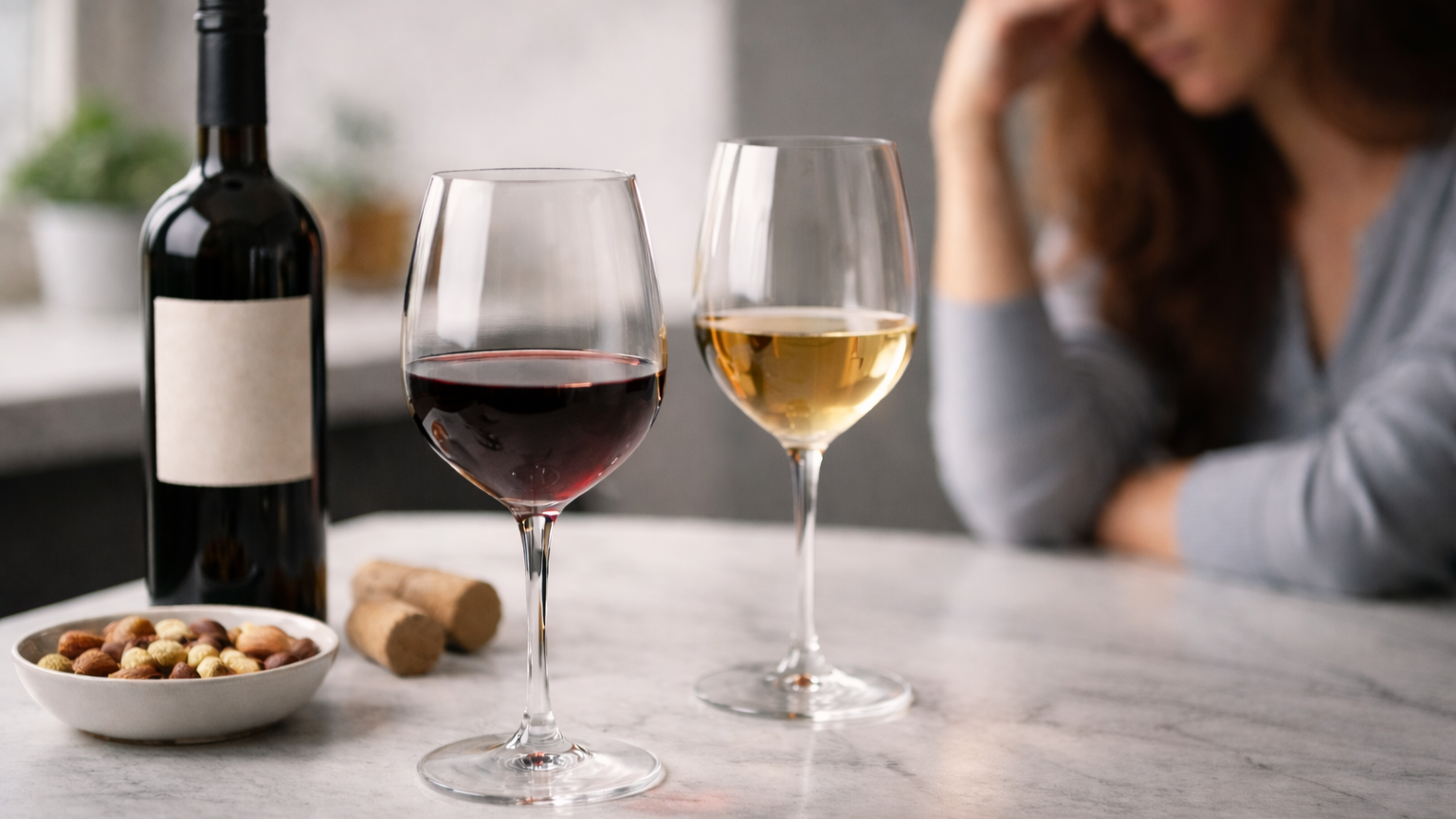 Red and white wine glasses and bottle on a marble counter, with a softly blurred woman in the background in a modern kitchen.