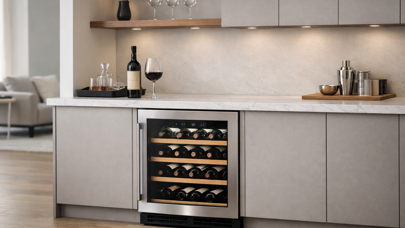Built-in wine fridge under counter in a modern kitchen with quartz countertop, minimalist cabinets, and softly lit wine bottles on wooden shelves.