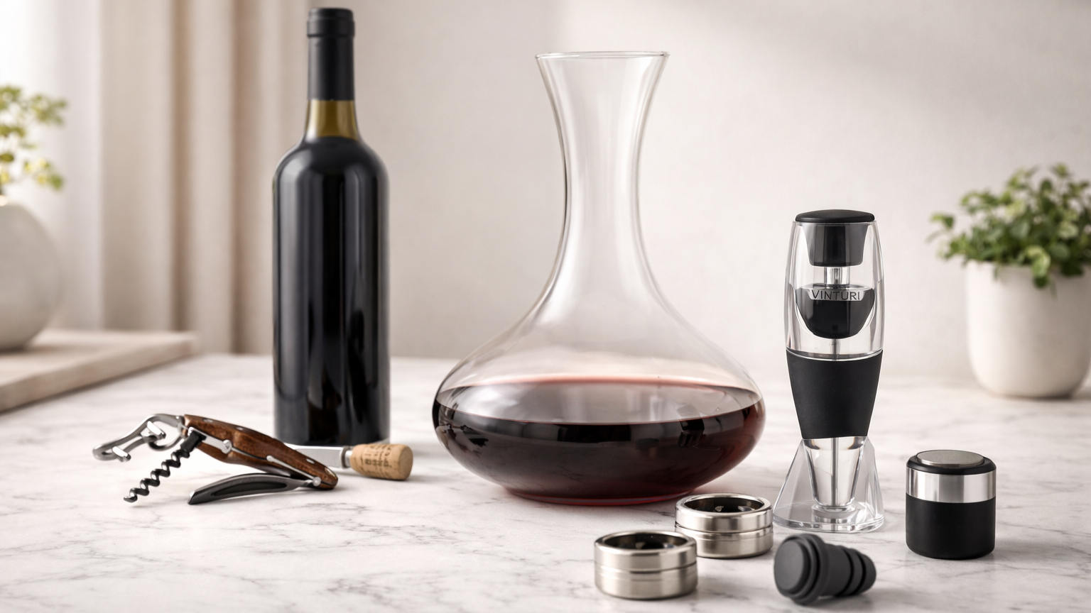 Collection of essential wine accessories including decanter, corkscrew, aerator, drip rings, and wine bottle stopper on a modern kitchen counter.