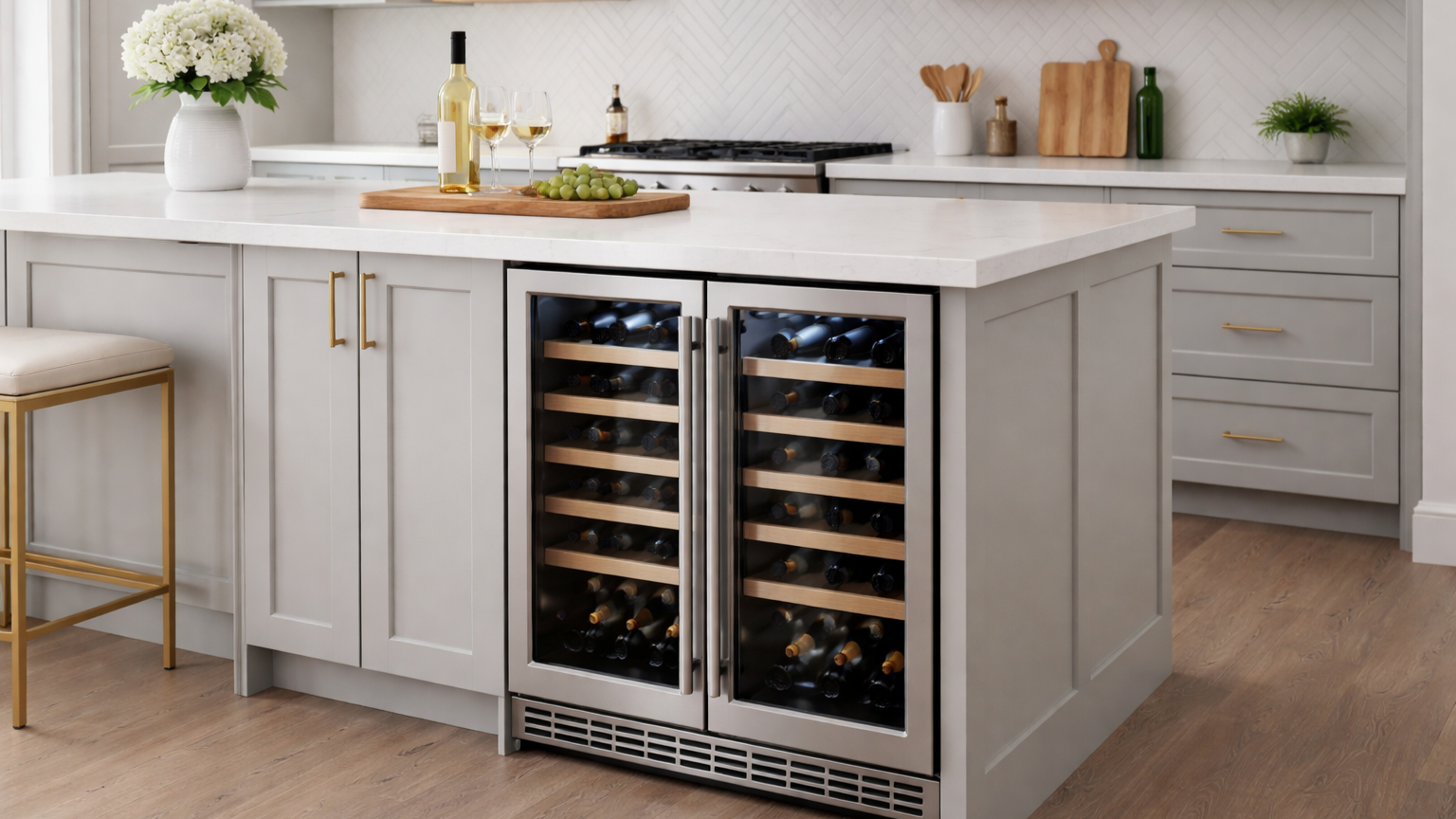 Modern built-in wine fridge integrated into a clean white kitchen island with marble countertop, glass door fridge stocked with wine bottles, soft natural lighting, minimal styling, contemporary home bar aesthetic.